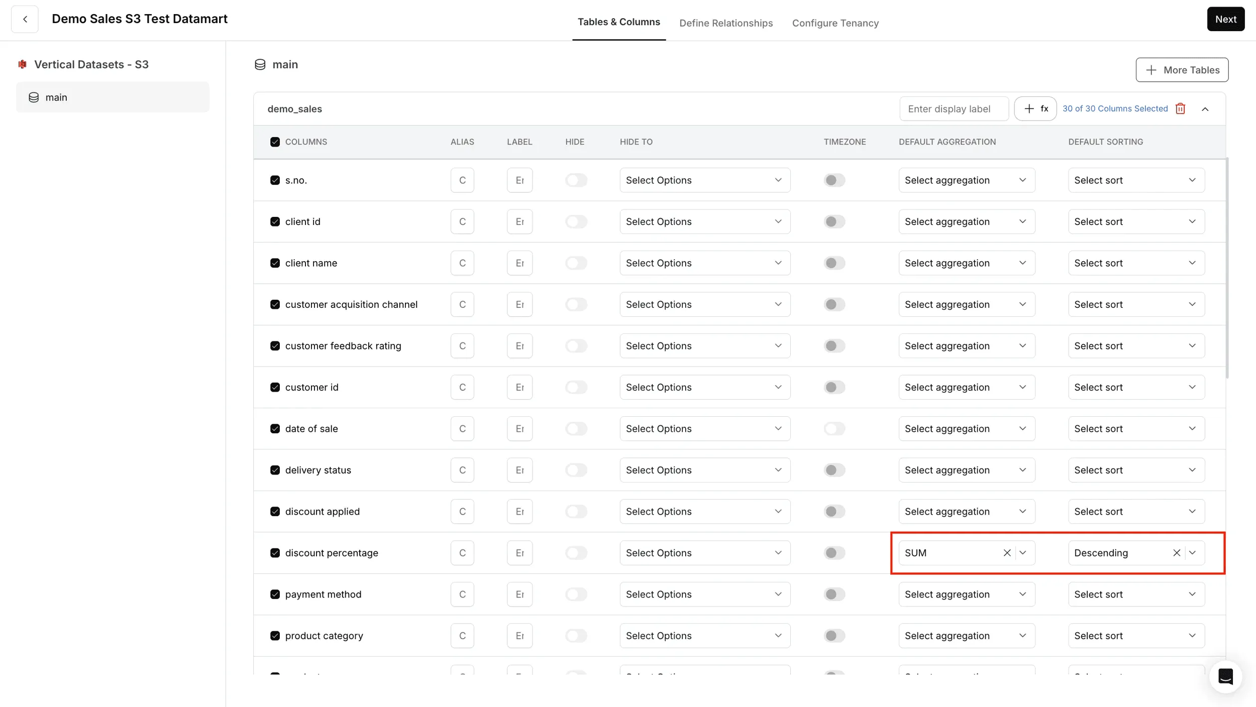 Default aggregation and sorting settings for end users