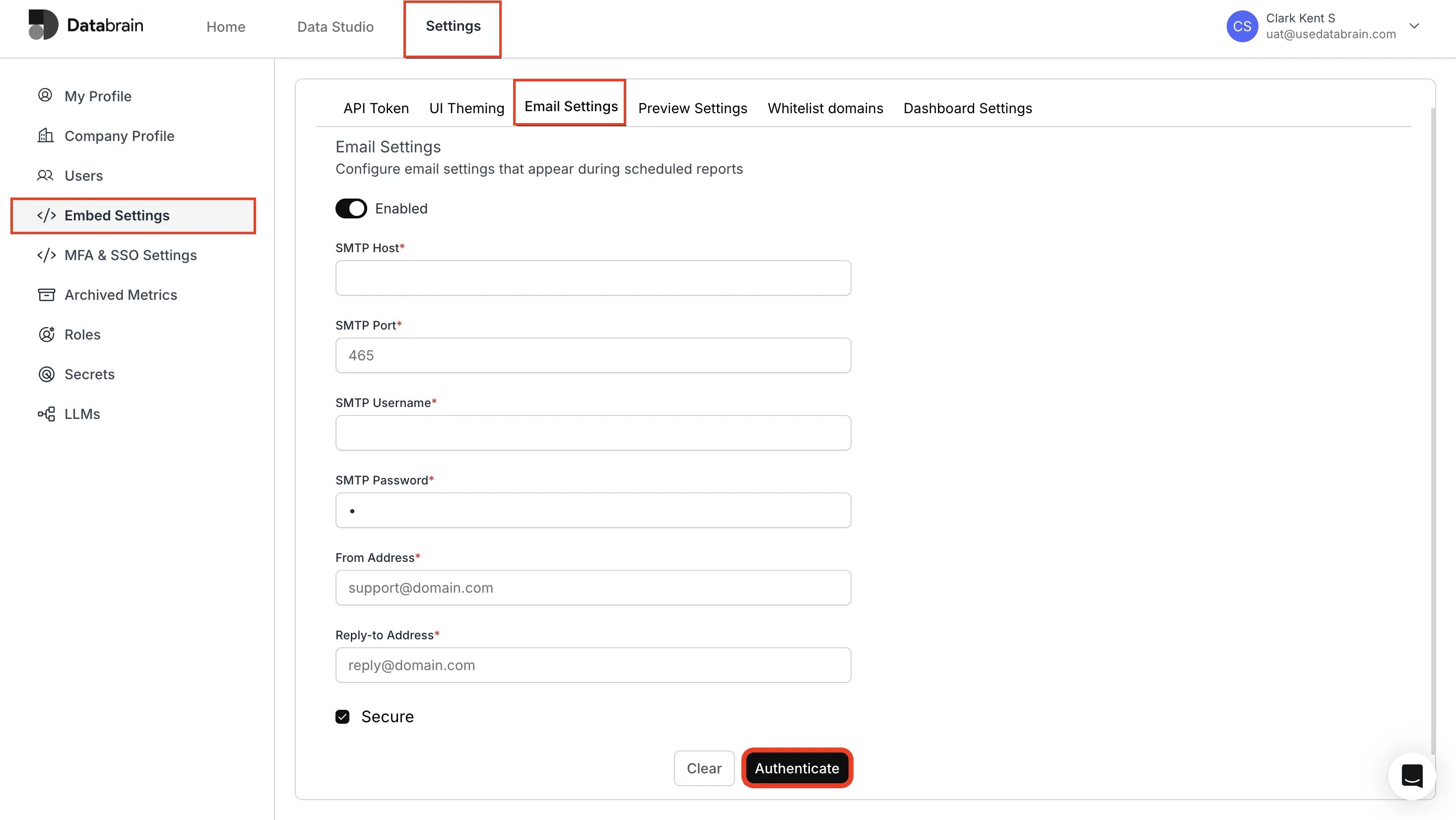 Databrain Email Settings configuration page