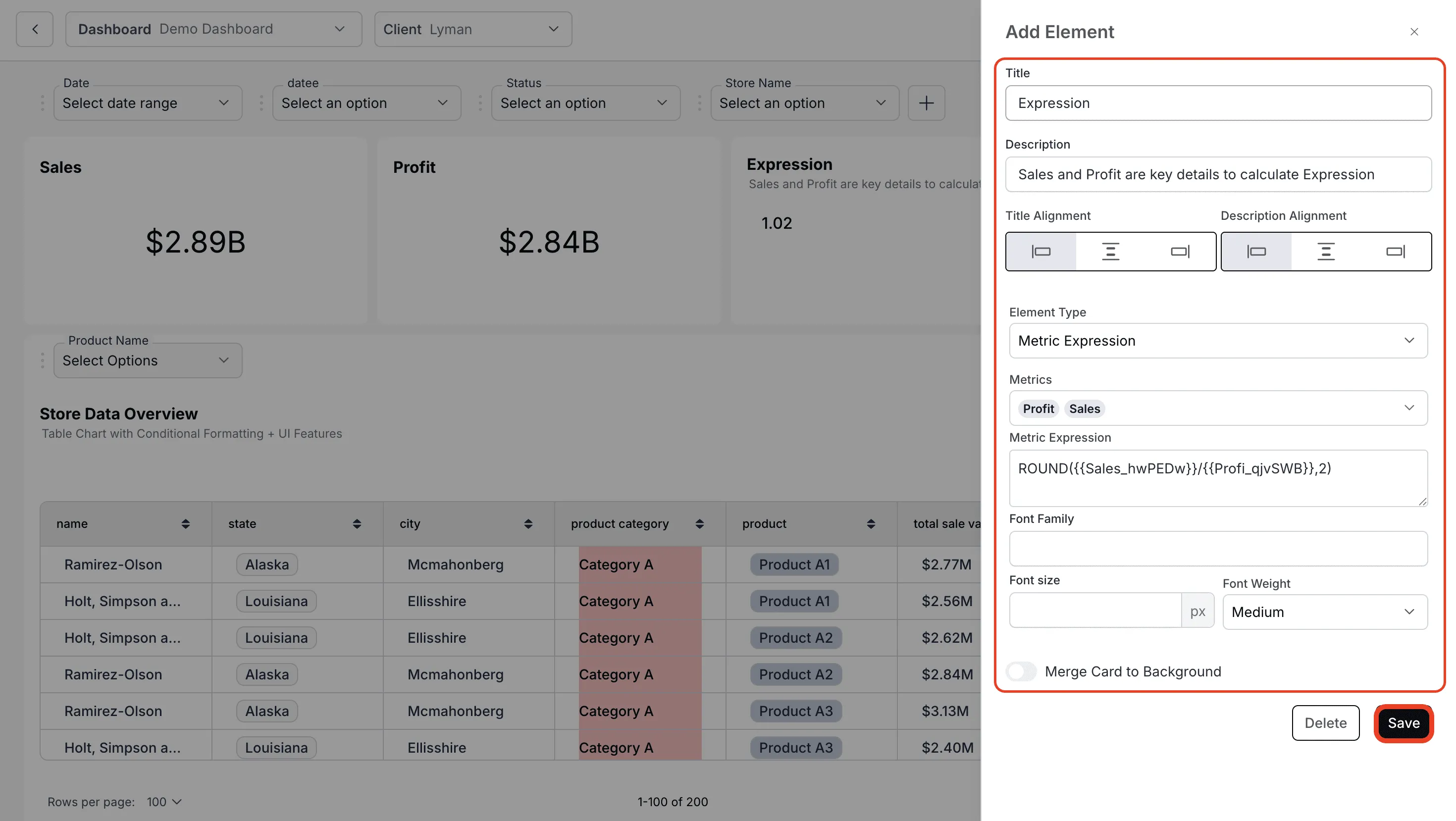 Configuring a metric expression by selecting metrics and entering the formula