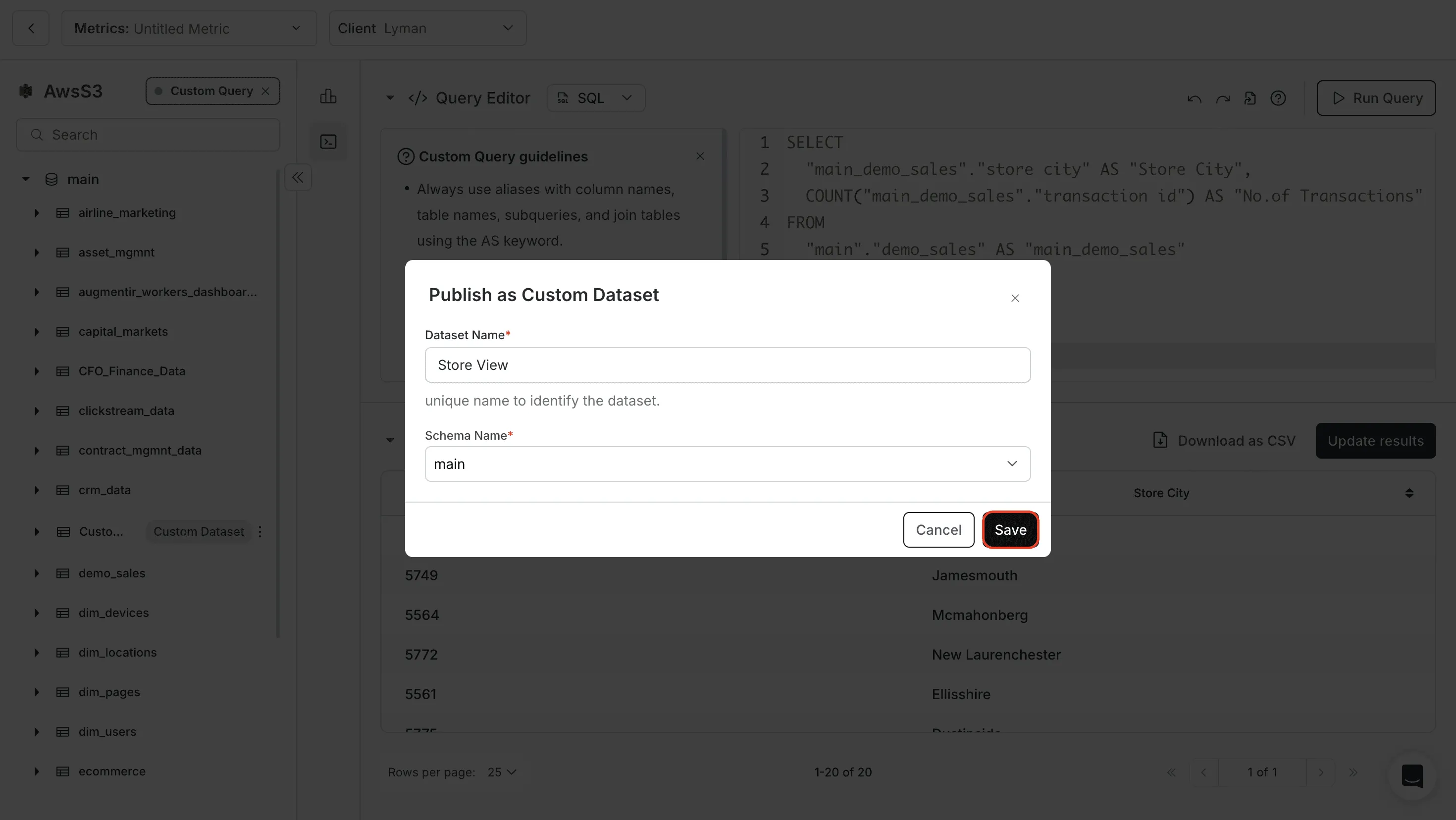 Publishing SQL query results as a custom dataset