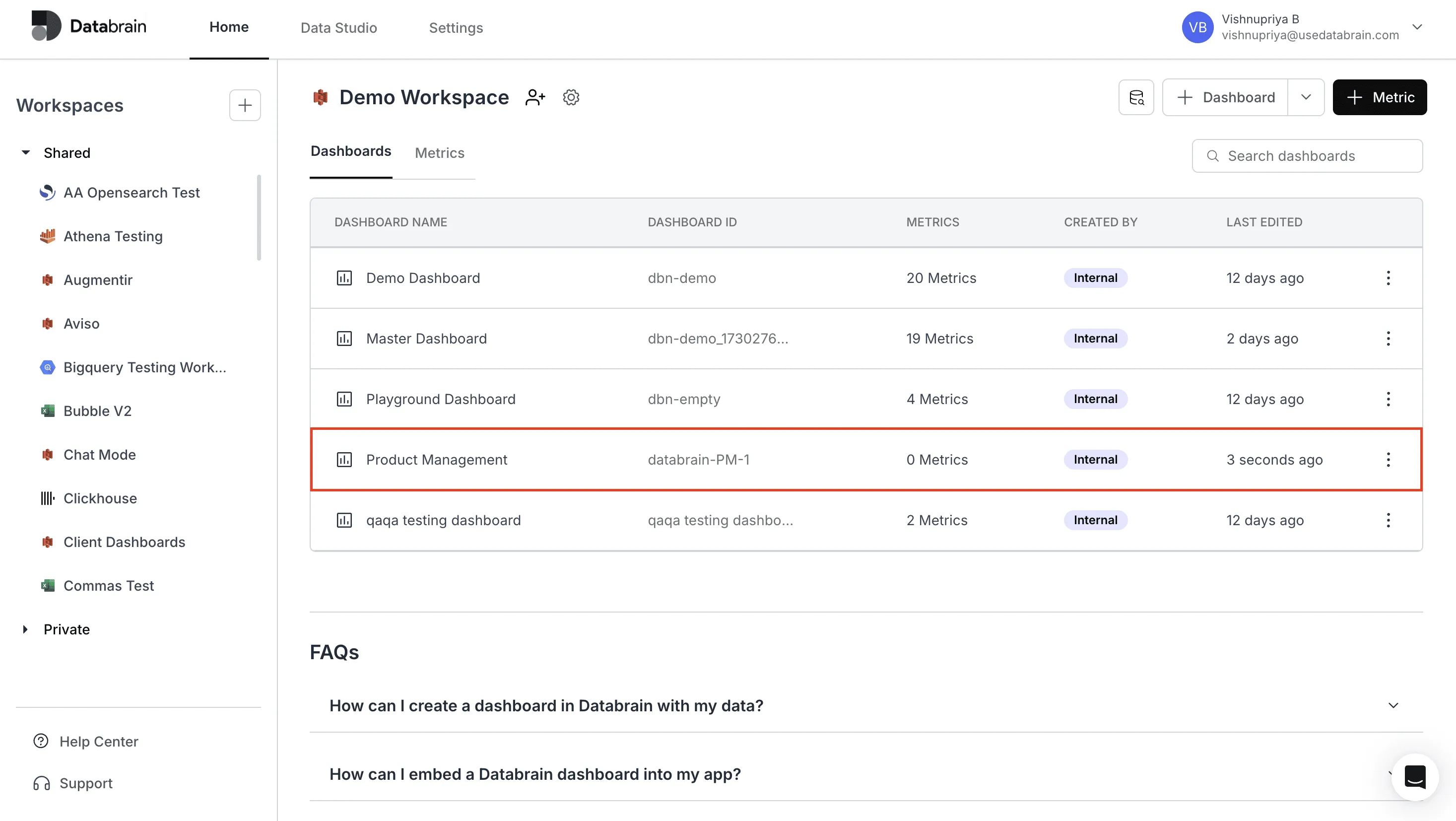 Dashboard successfully created and visible in dashboards section