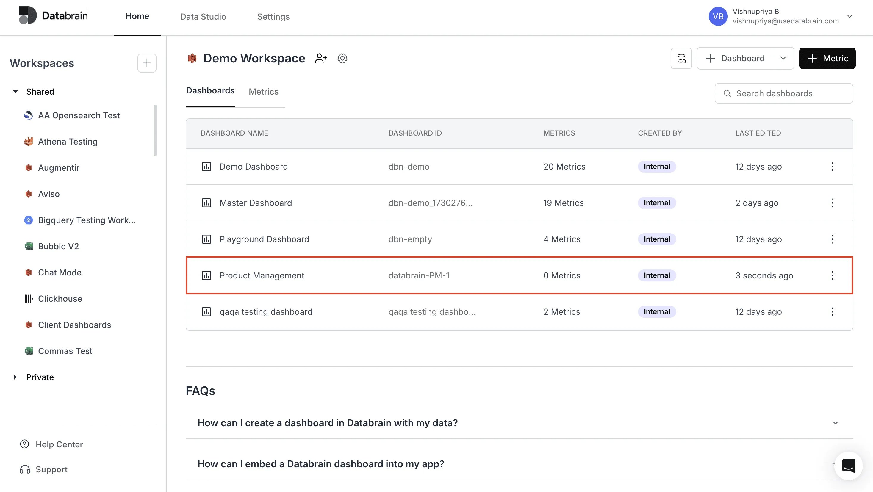Dashboard successfully created and visible in dashboards section