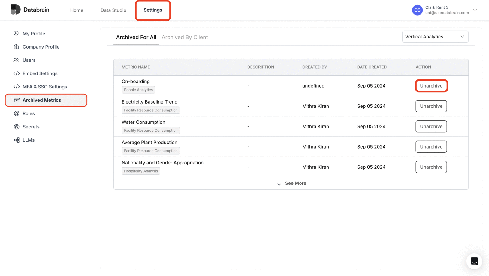 Unarchiving a metric card from the archived metrics settings