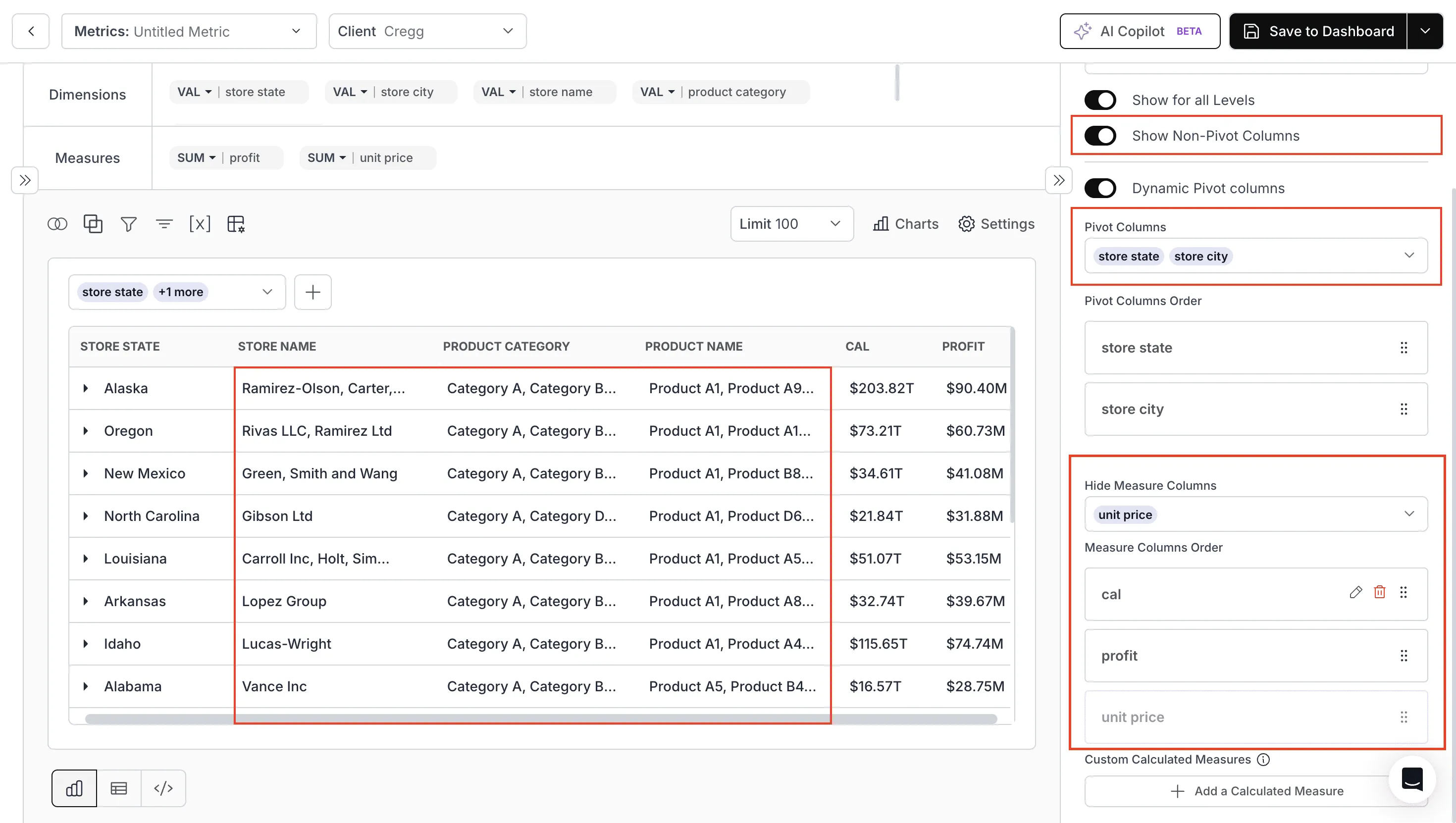 Pivot Table V3 dimension and measure display options