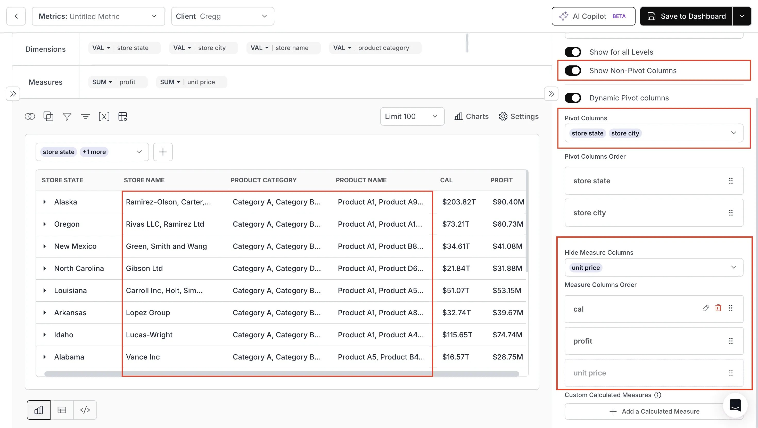 Pivot Table V3 dimension and measure display options