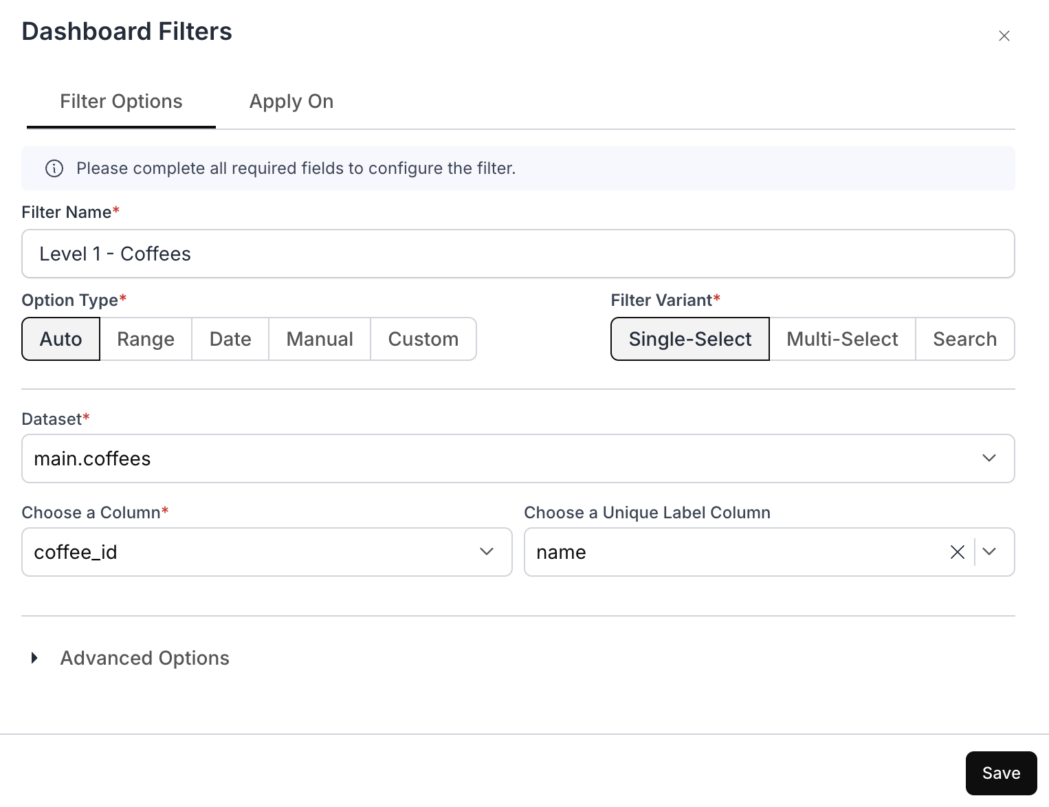 Dashboard Filters configuration for Level 1 filter on the coffees dataset