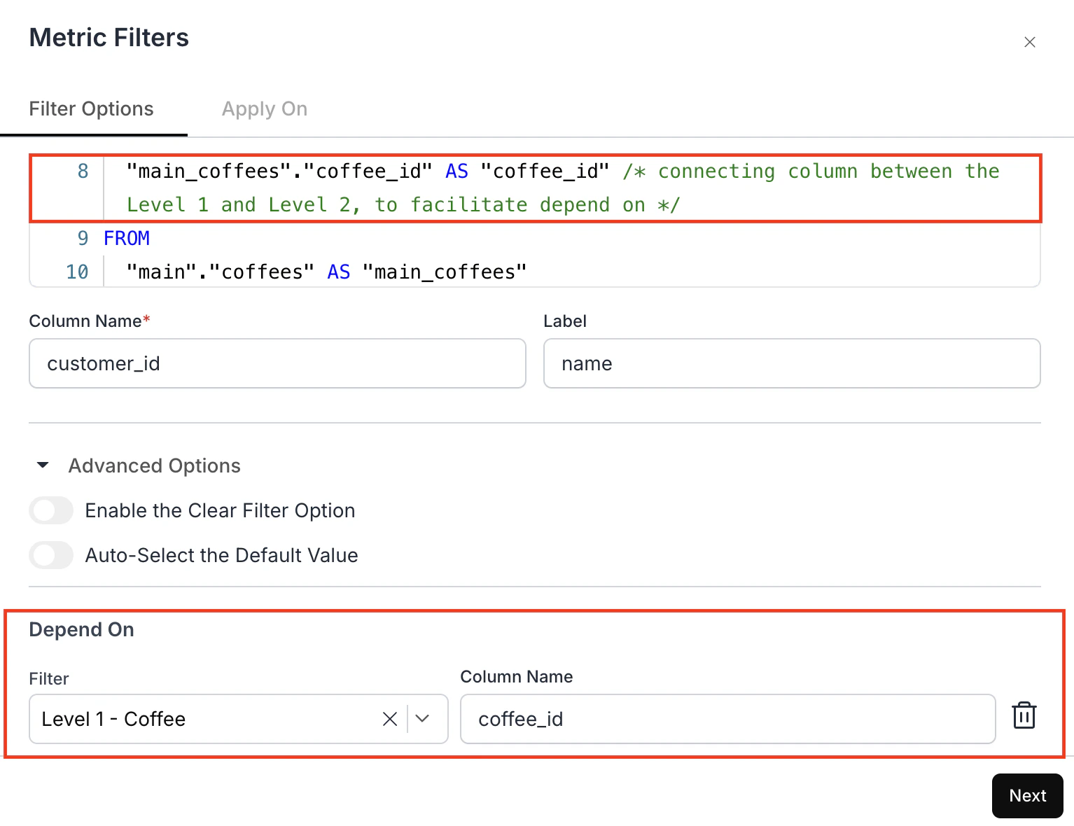Metric Filters configuration showing SQL with connecting column and Depends On section linking the second-level filter to the first-level Coffee filter