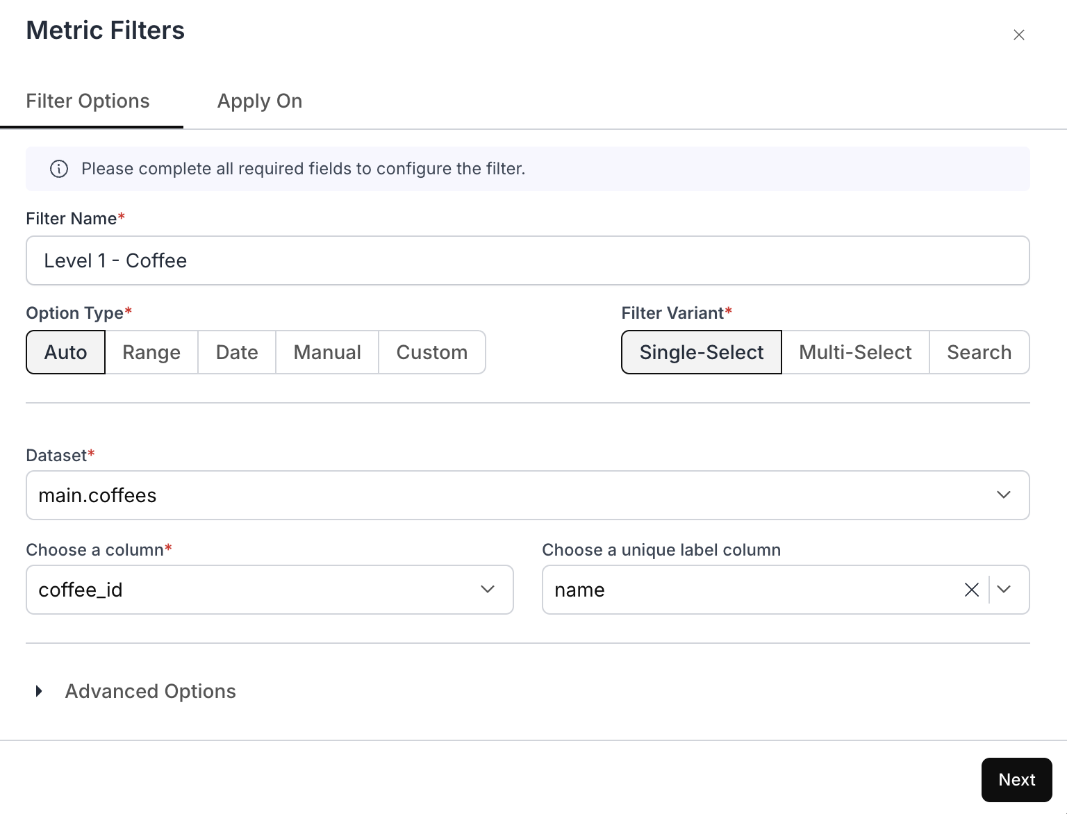 Metric Filters configuration for Level 1 Coffee filter on the main.coffees dataset
