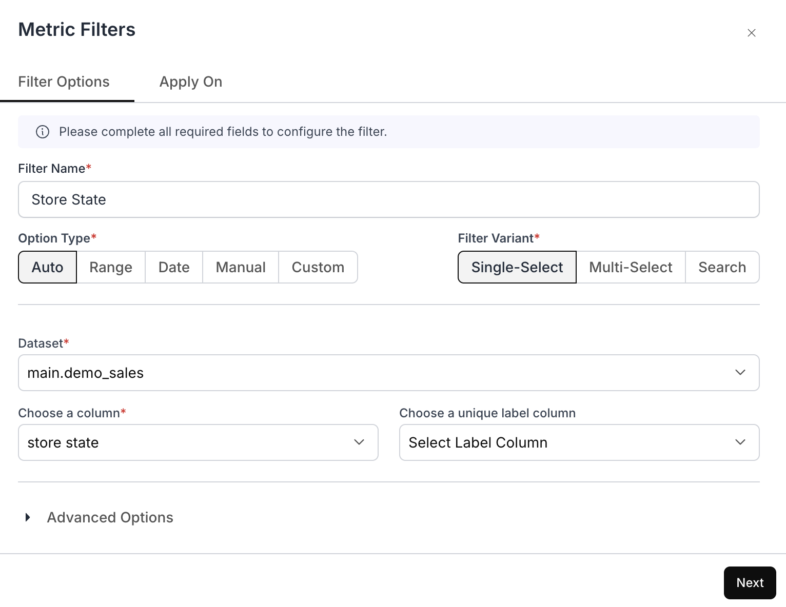 Metric Filters configuration for Store State filter using the main.demo_sales dataset