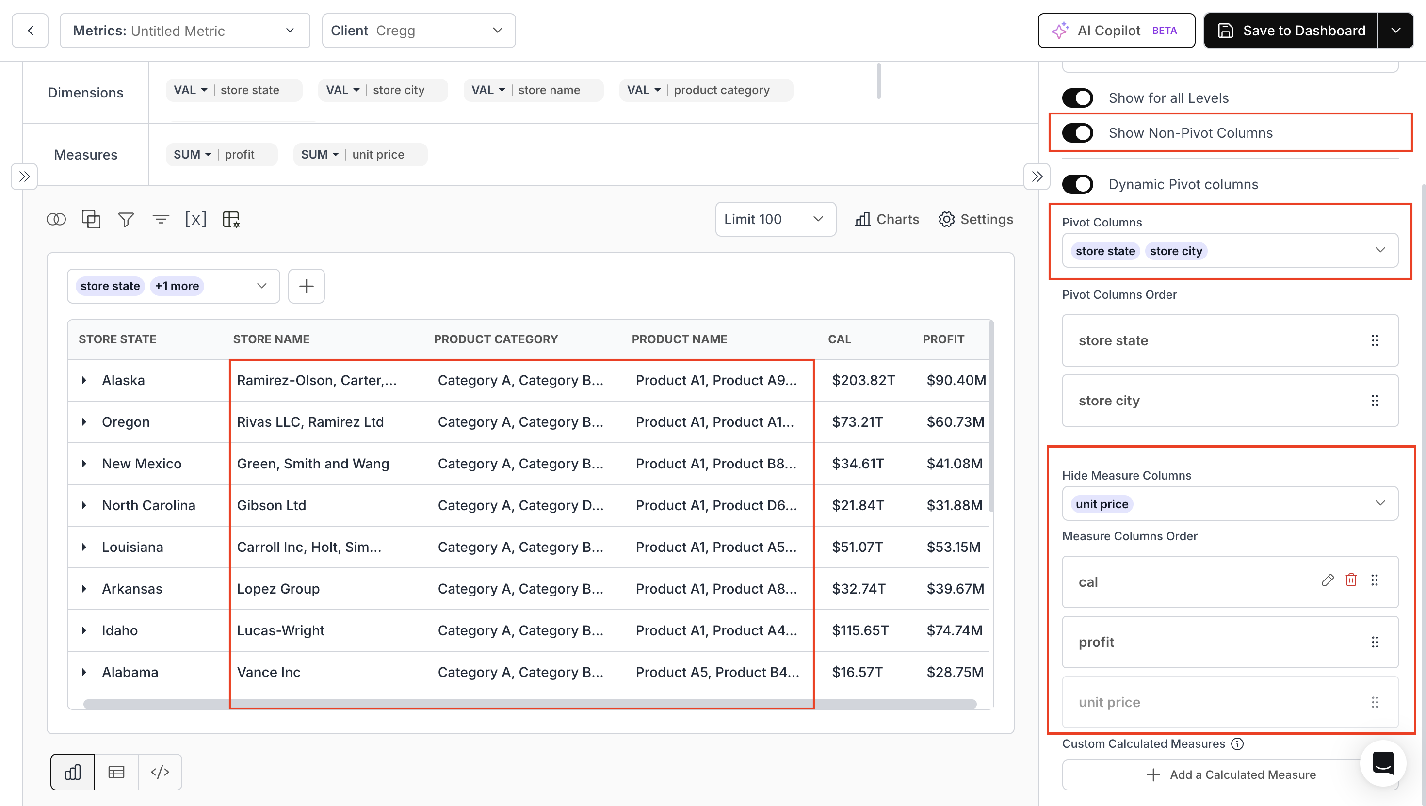 Pivot Table V3 dimension and measure display options