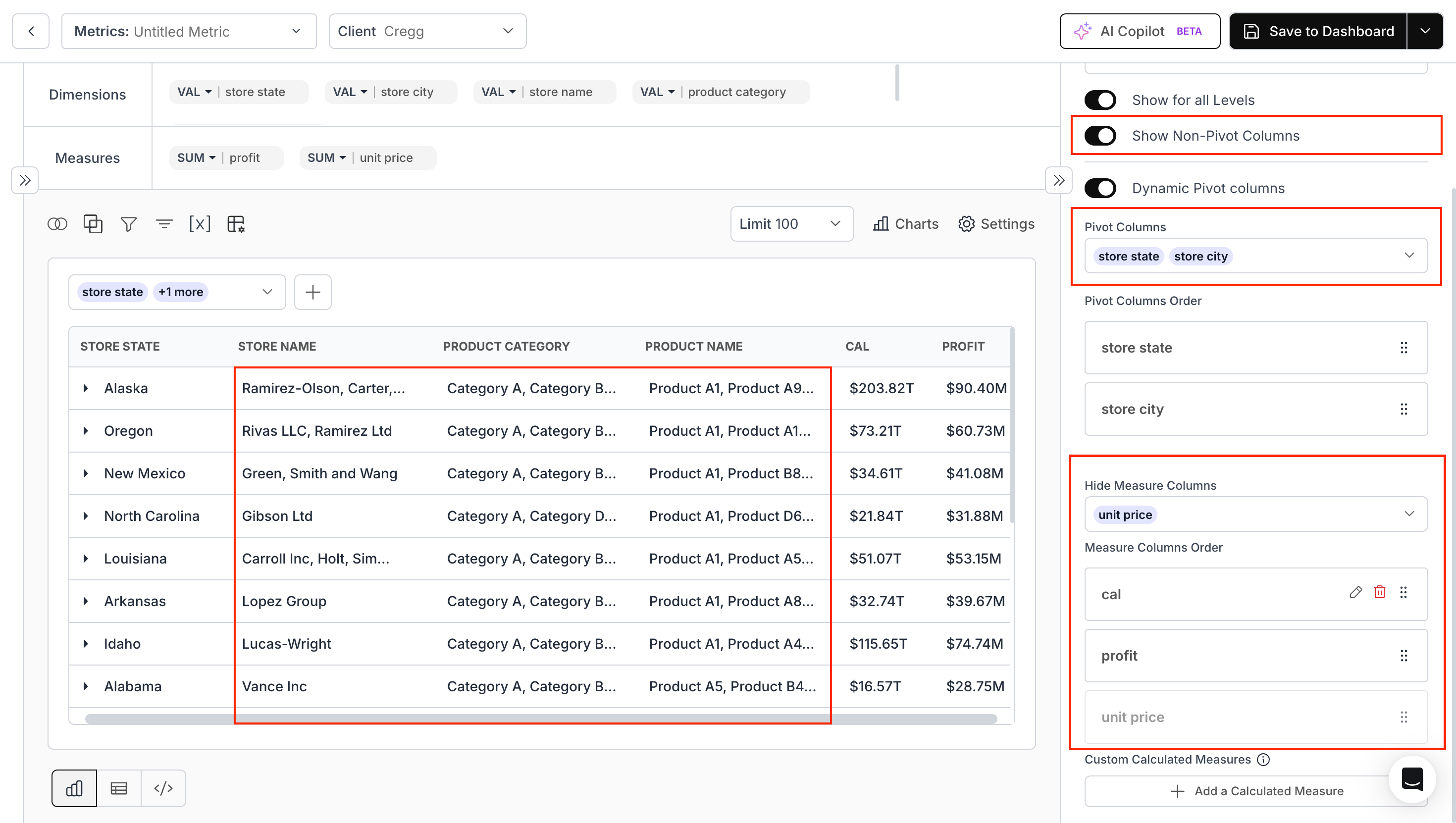 Pivot Table V3 dimension and measure display options