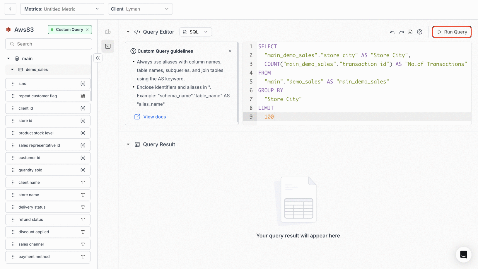 Executing a custom SQL query in the Databrain Query Editor