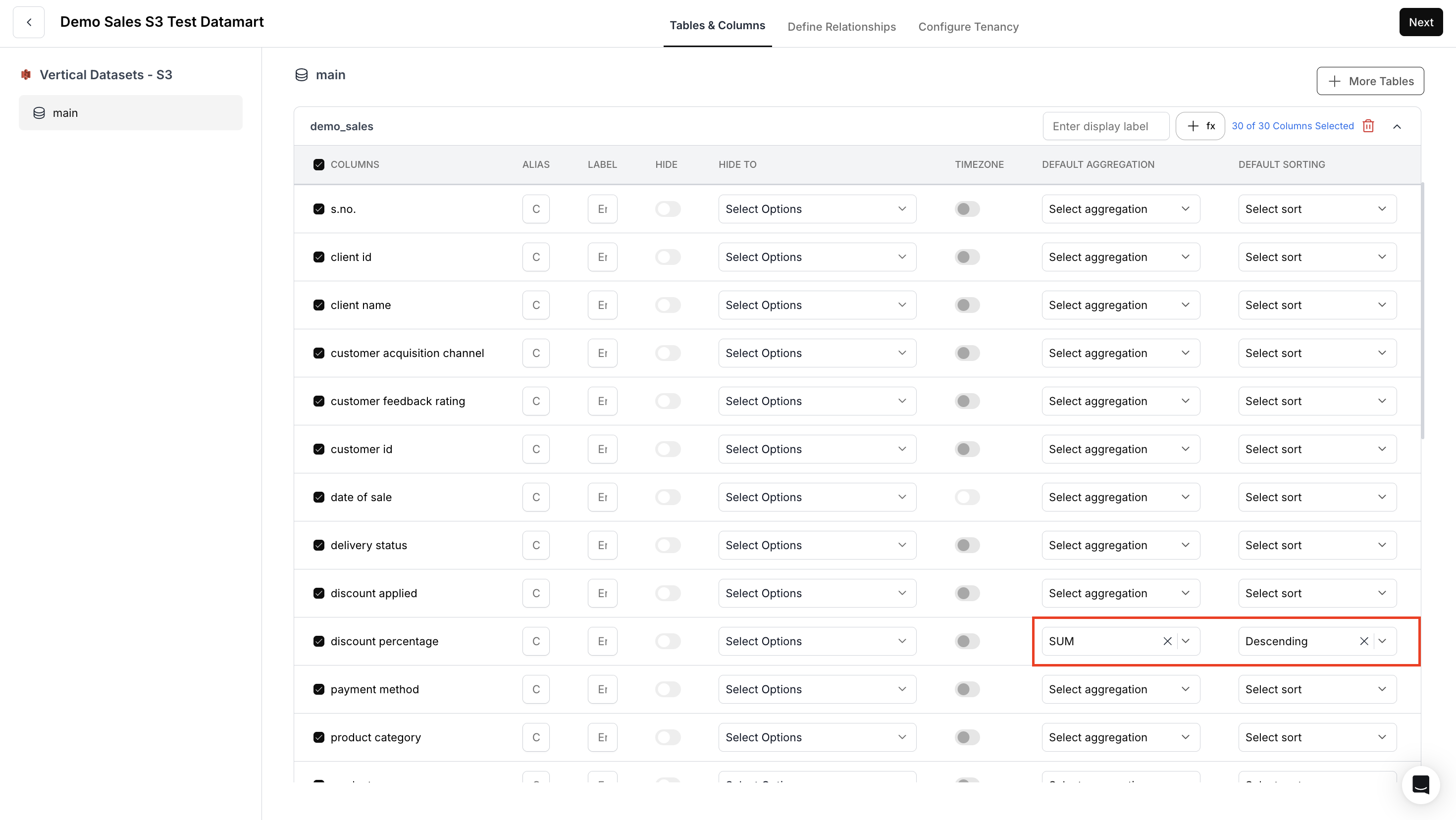 Default aggregation and sorting settings for end users