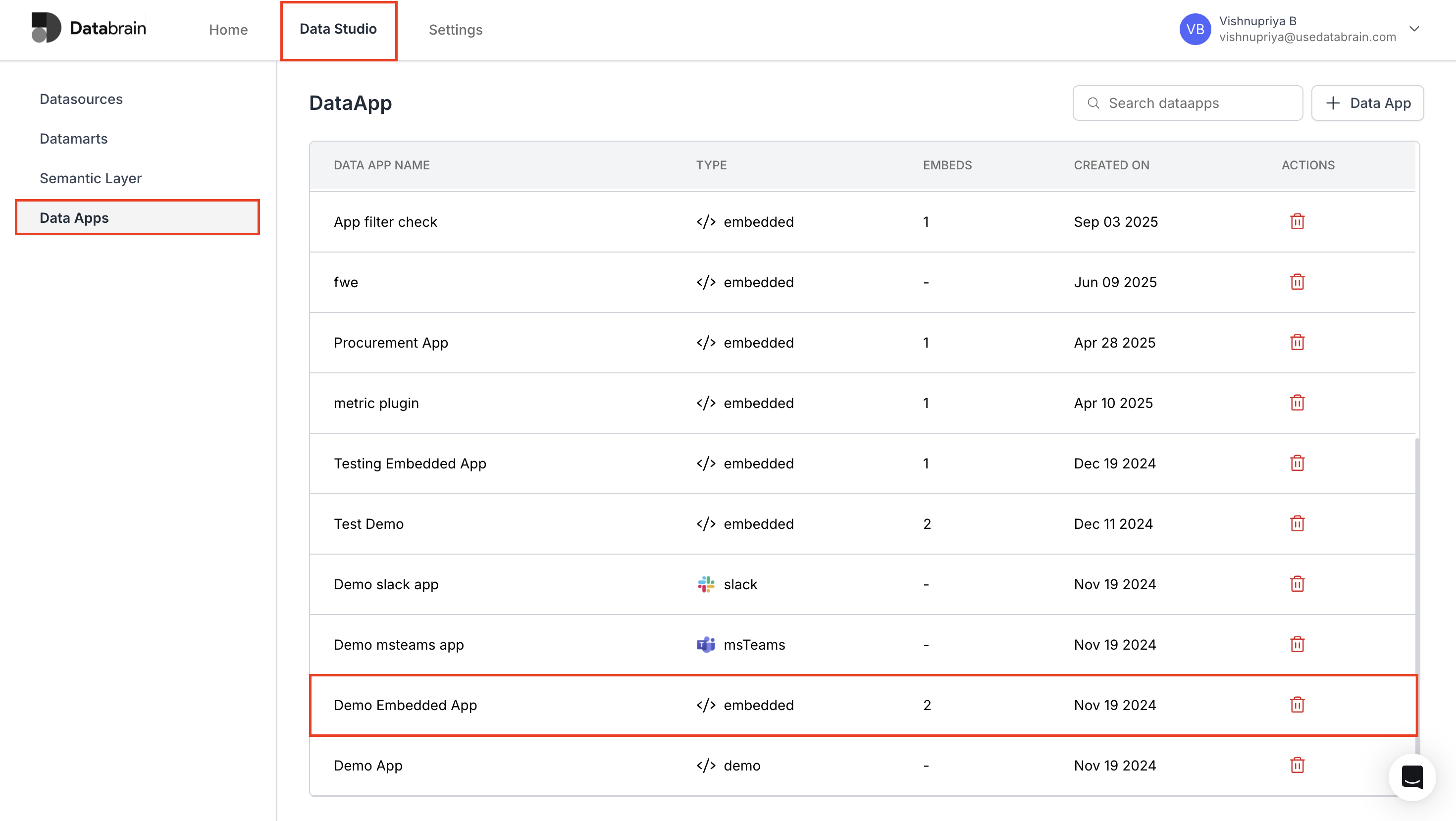 Data Studio view showing the Data Apps list with a specific Data App selected