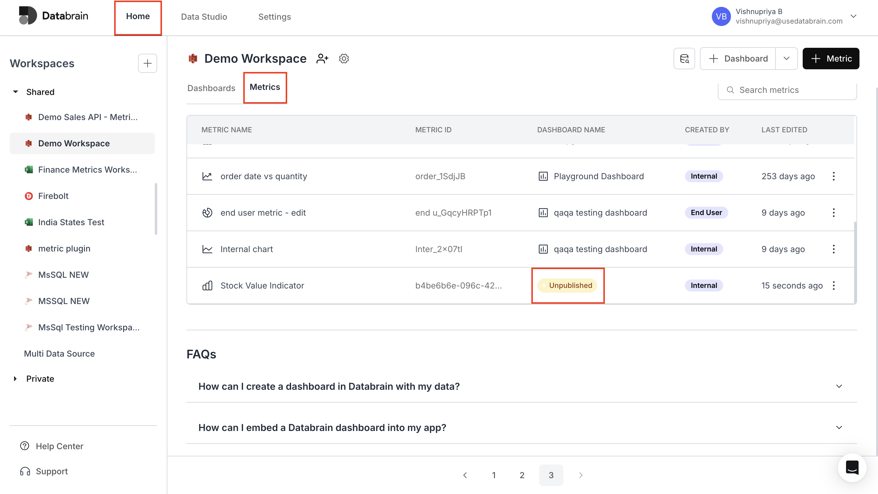 List of metrics showing unpublished metrics within the workspace metrics table