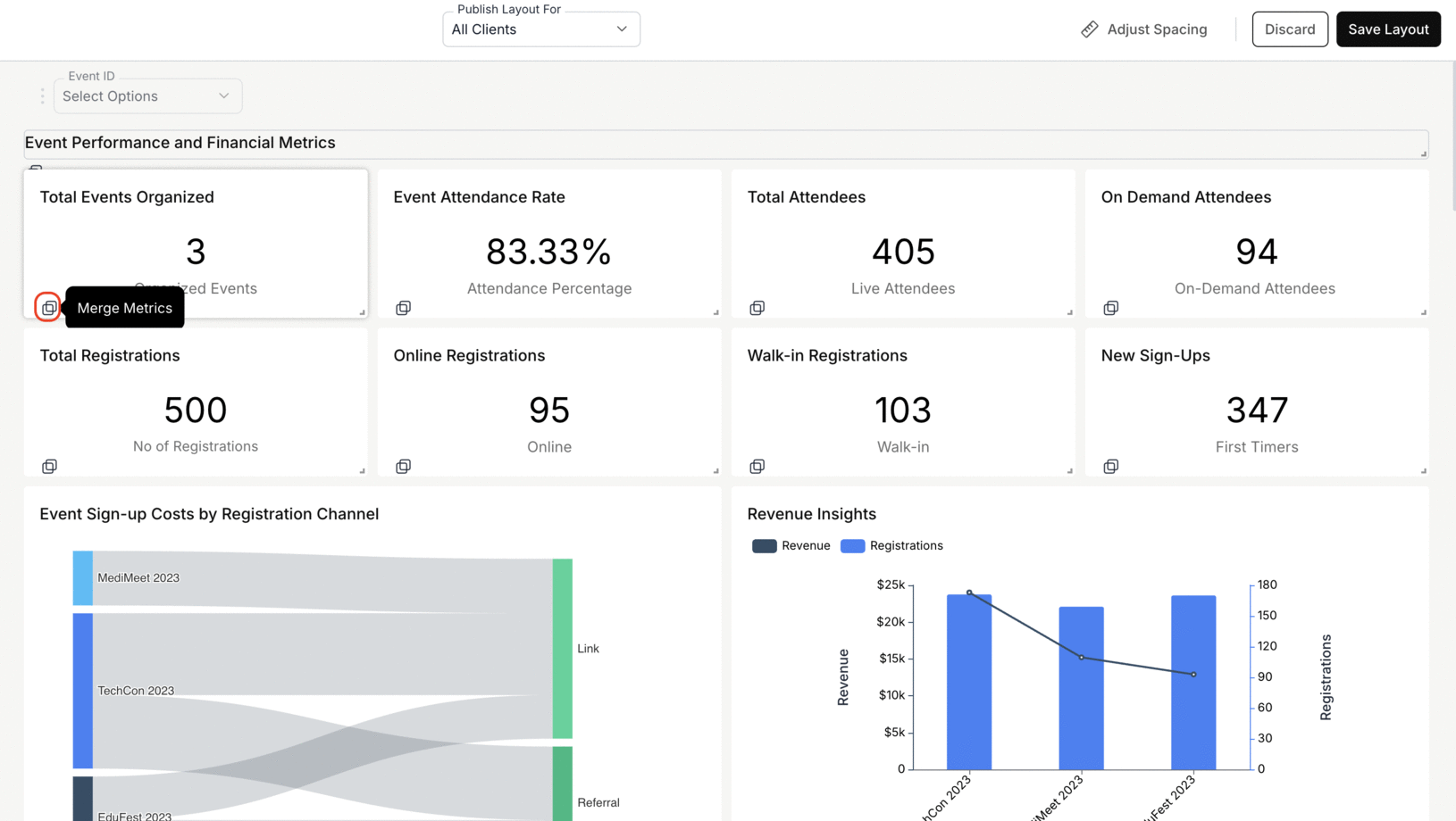 Merging metrics by selecting metrics and dashboard filters in the merge dialog
