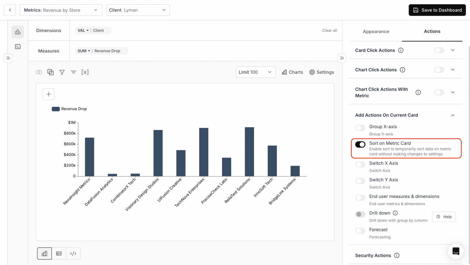 Sorting chart data directly from the metric card using right-click options