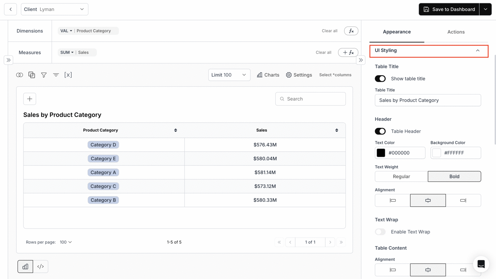 GIF demonstrating table chart UI styling with badges and number formatting