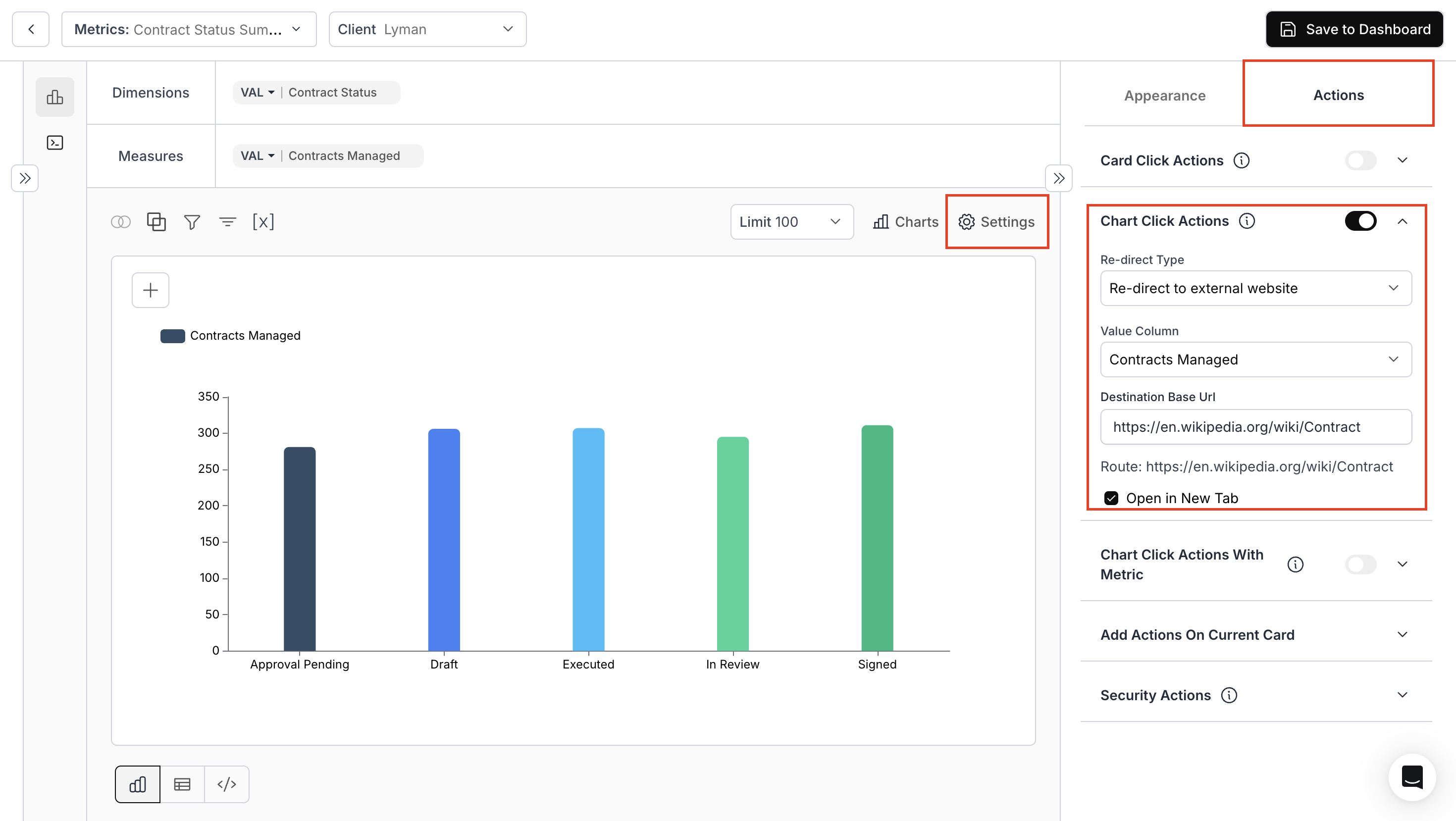 Configuring chart click action inside the appearance and actions section