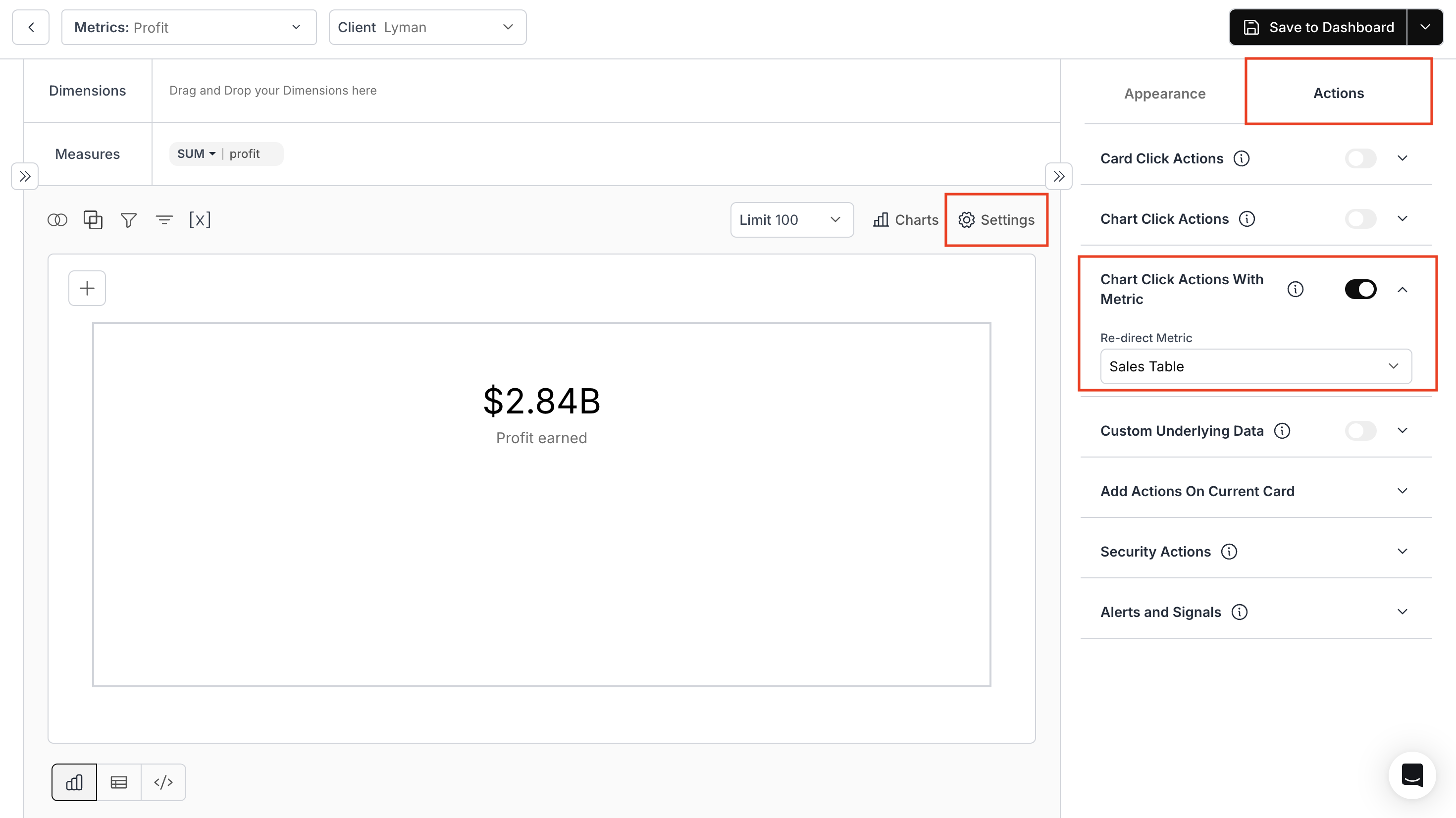 Configuring chart click action with metric in the actions settings panel