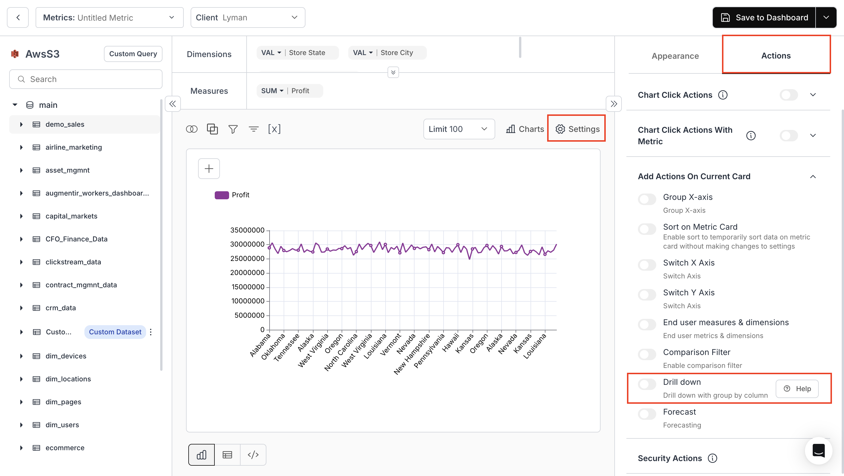 Settings panel showing how to enable drill down action