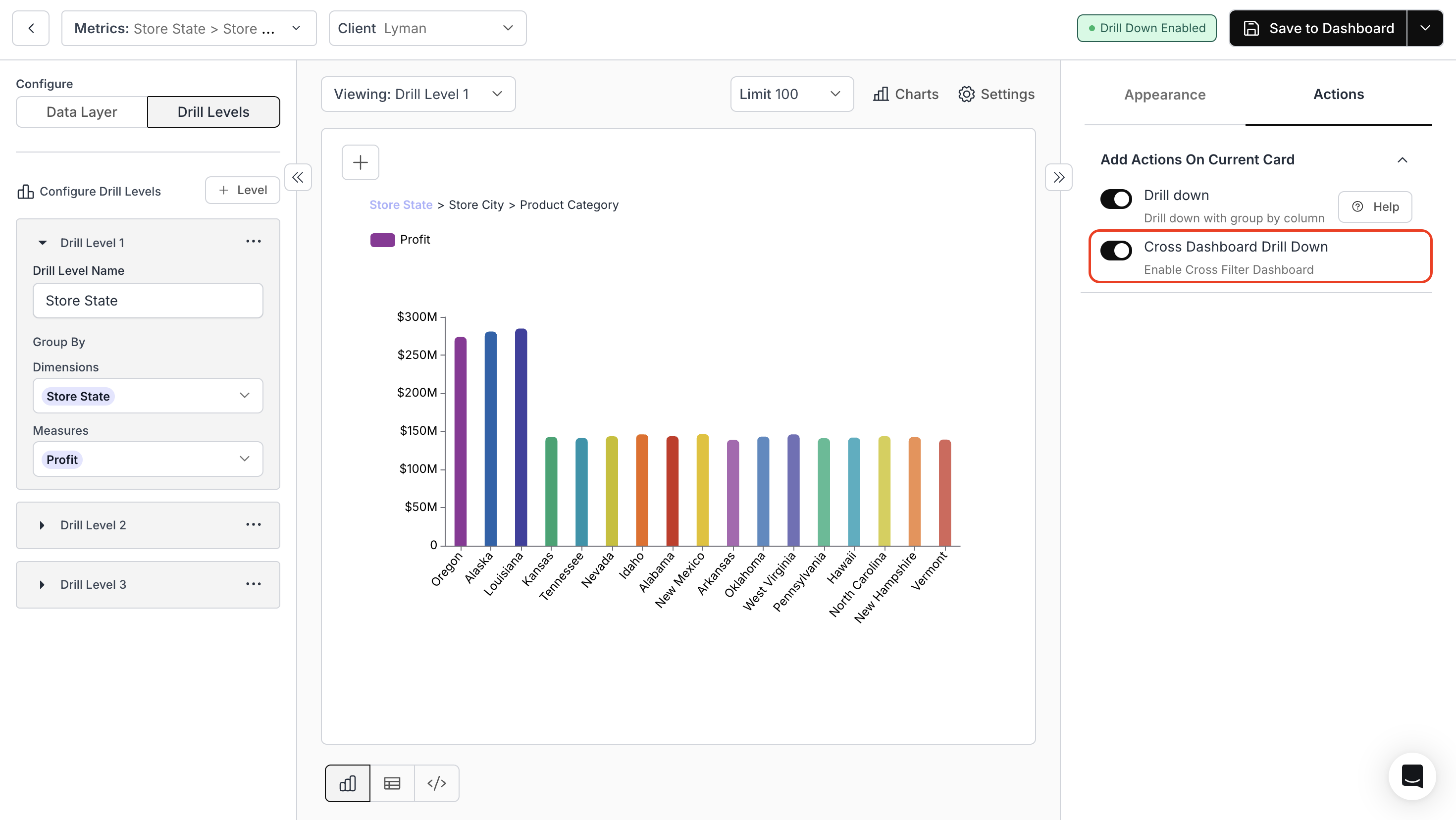 Settings panel showing how to activate cross dashboard drill down