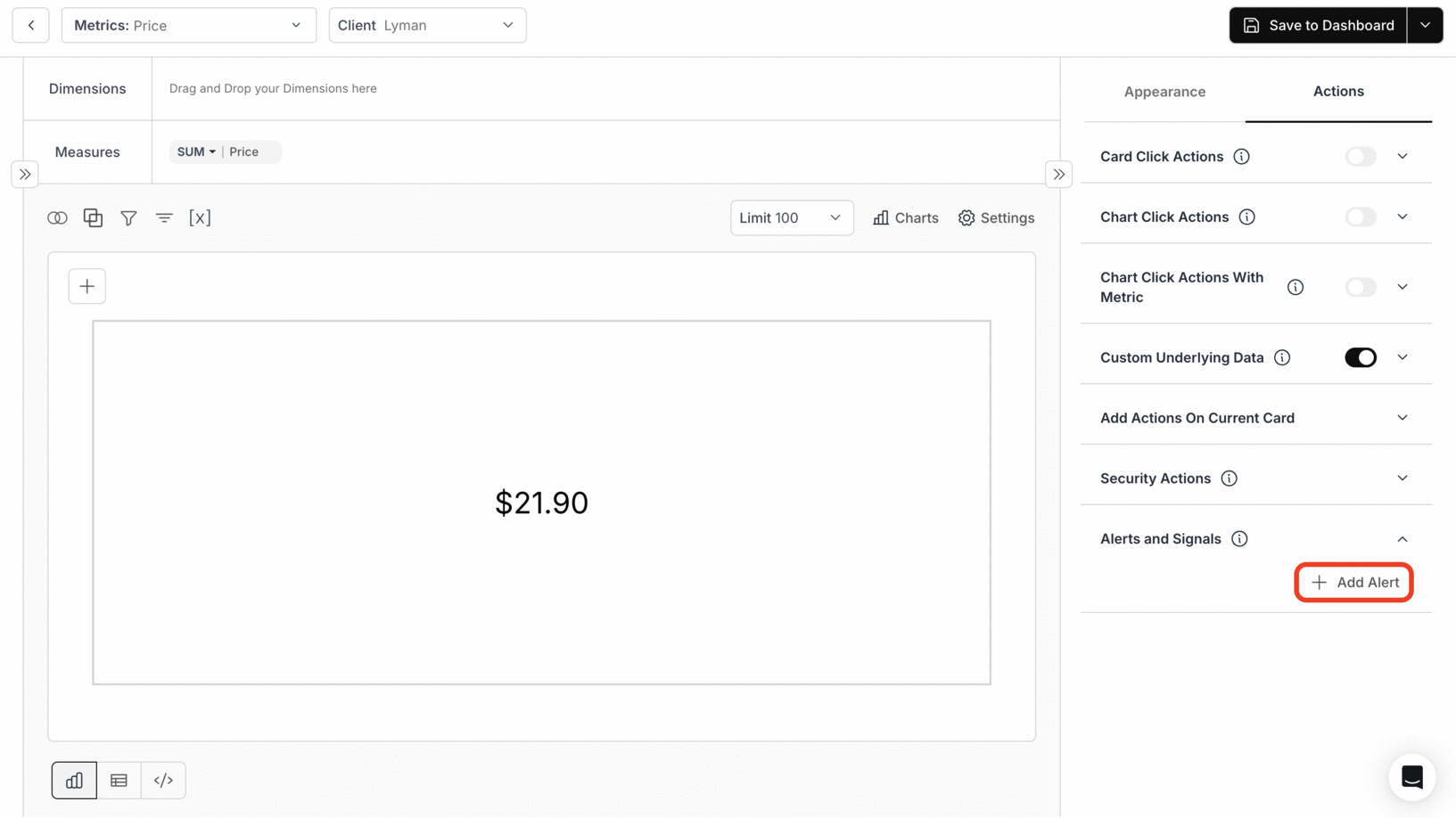 Setting up alerts and signals on single value cards to track threshold conditions