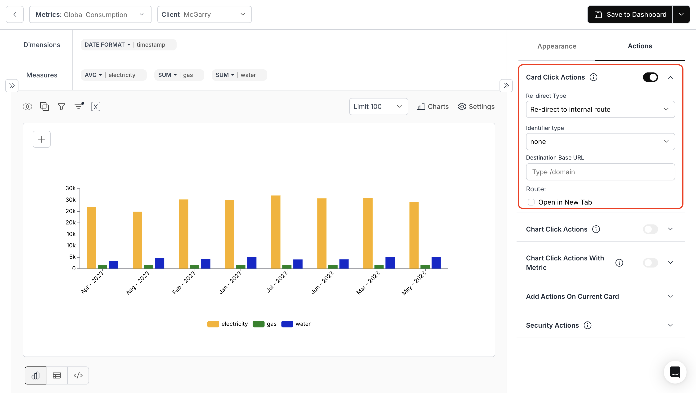 Configuring card click actions including redirect type and destination URL