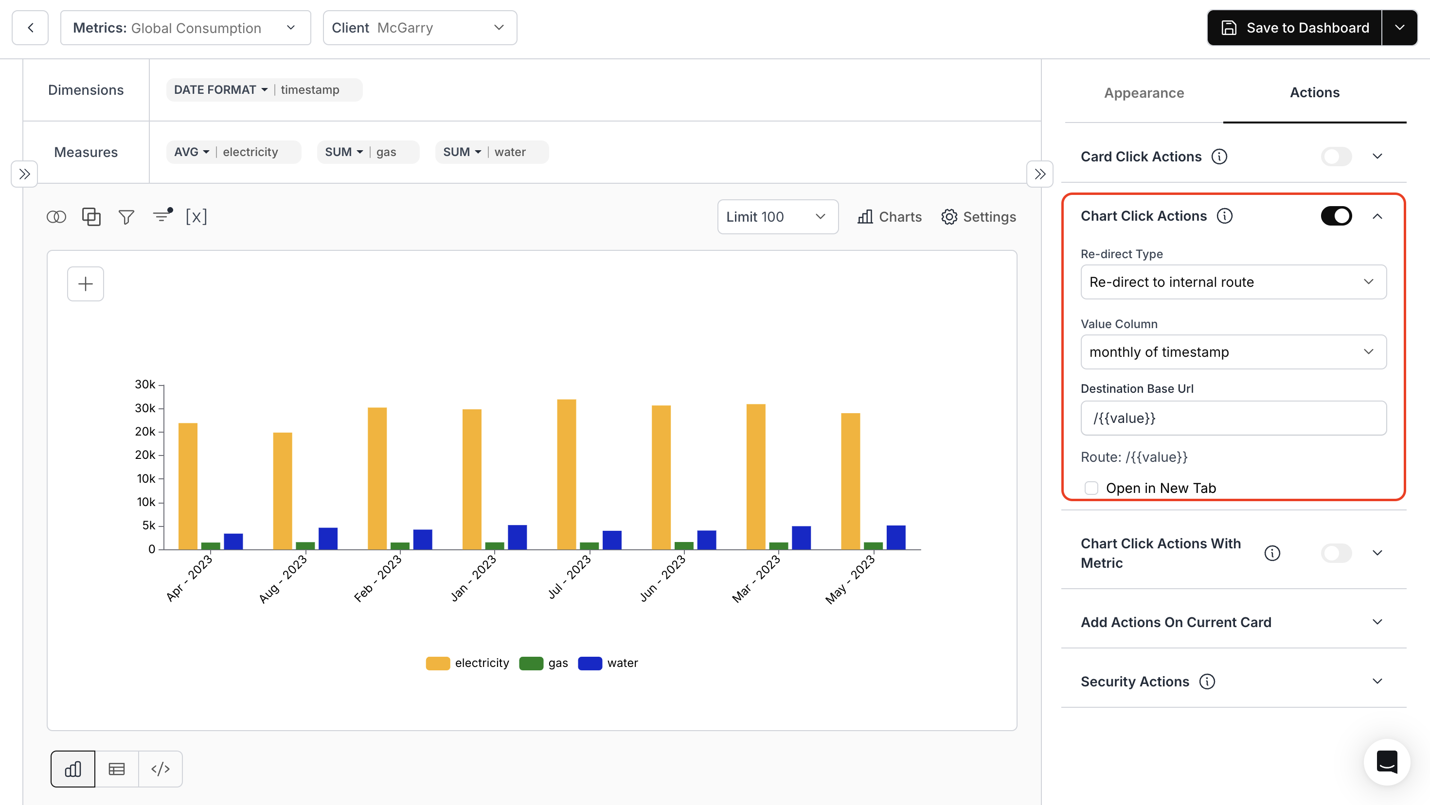 Setting up chart click actions including value column and redirect URL