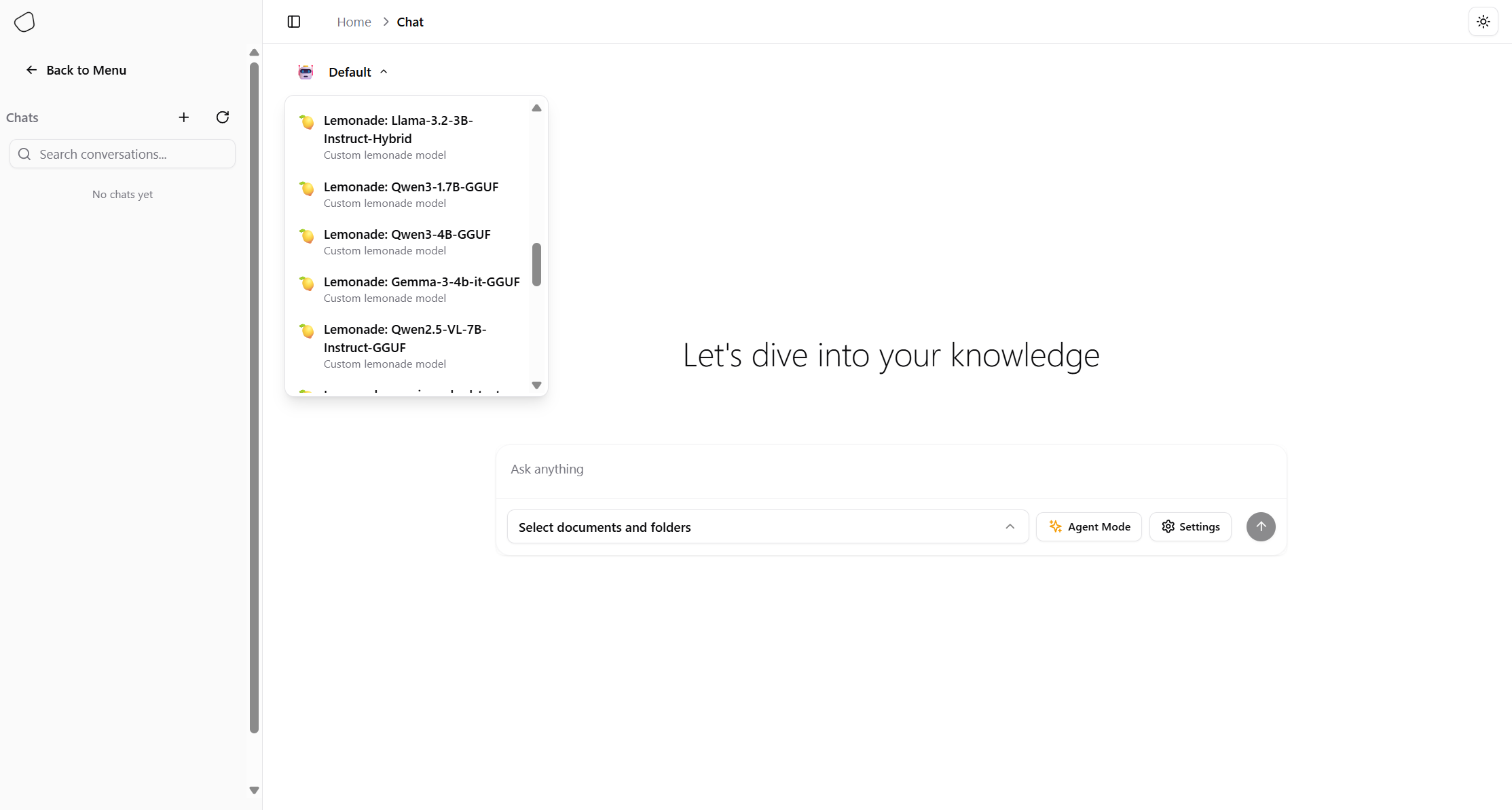 Chat model selector showing Lemonade models