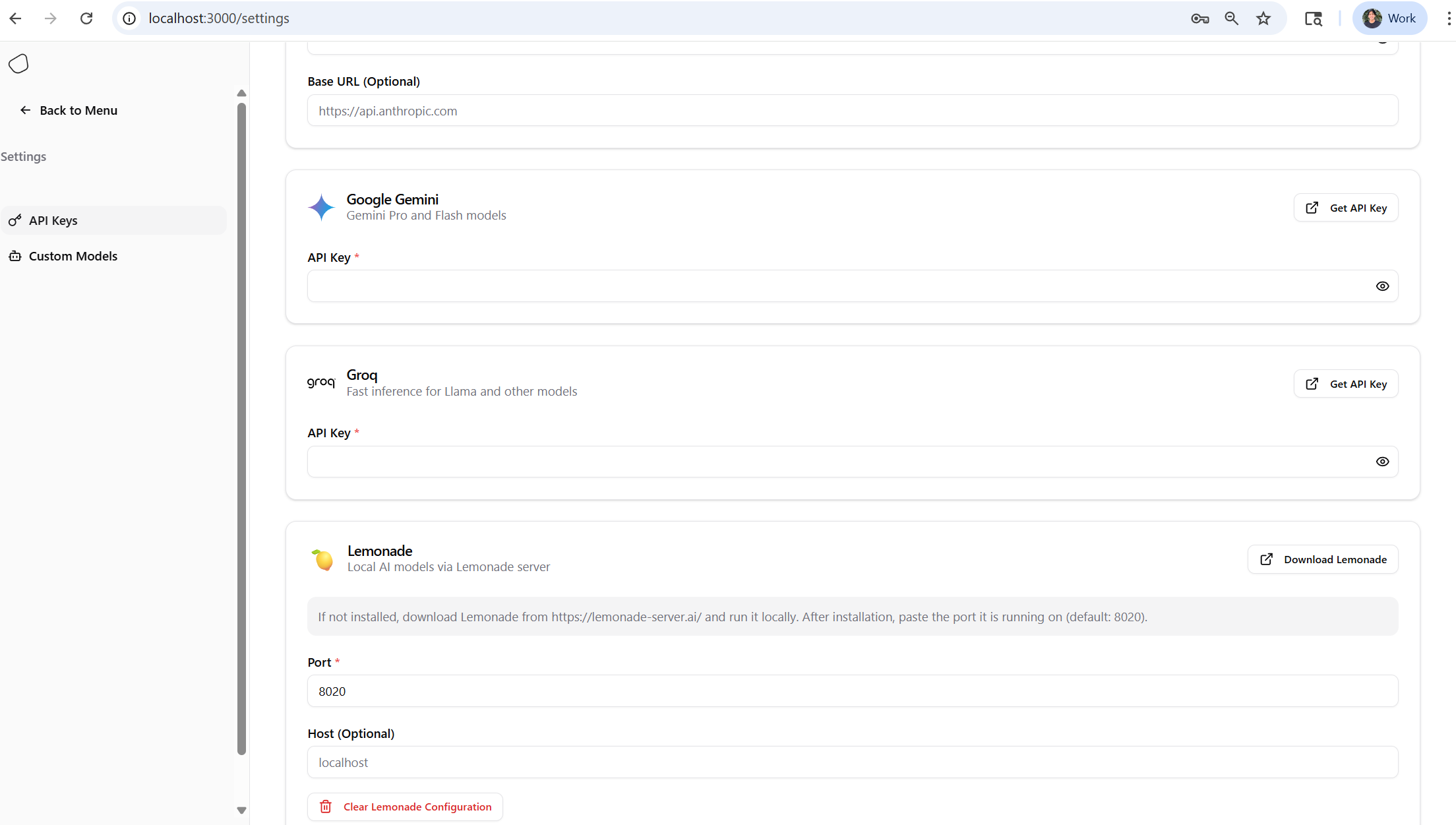 Lemonade provider settings with host and port