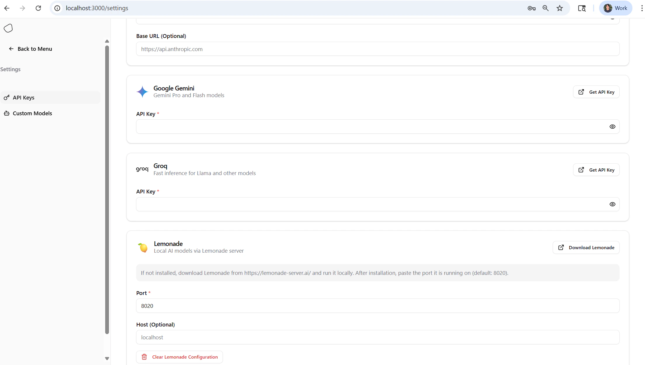 Lemonade provider settings with host and port