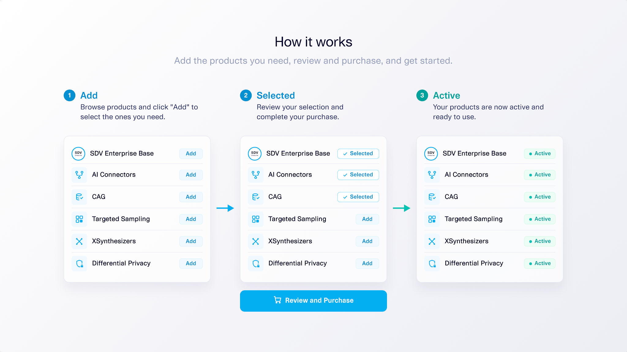 Portal interface showing the purchase flow: adding products, reviewing the selection, and active products ready to use.