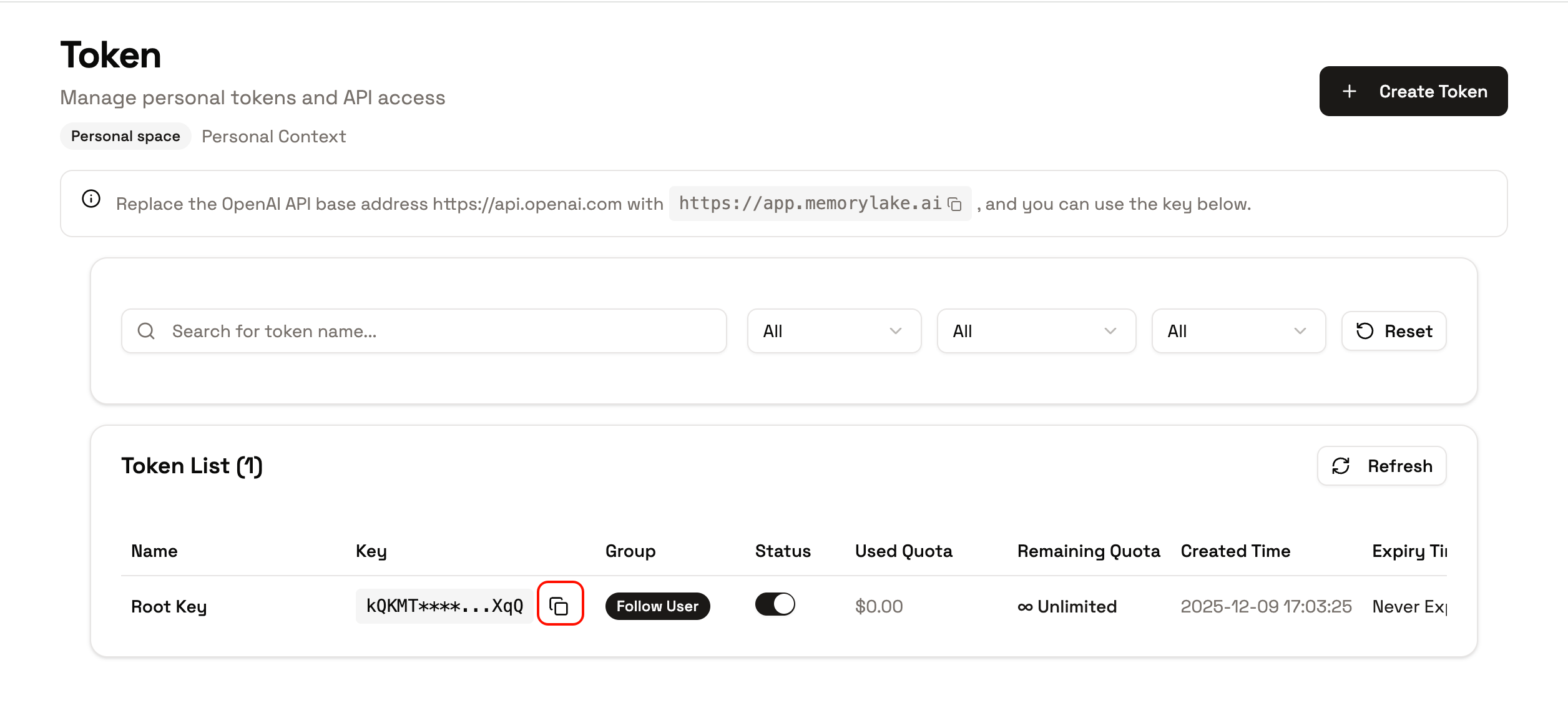 Get API Key from Memorylake Console