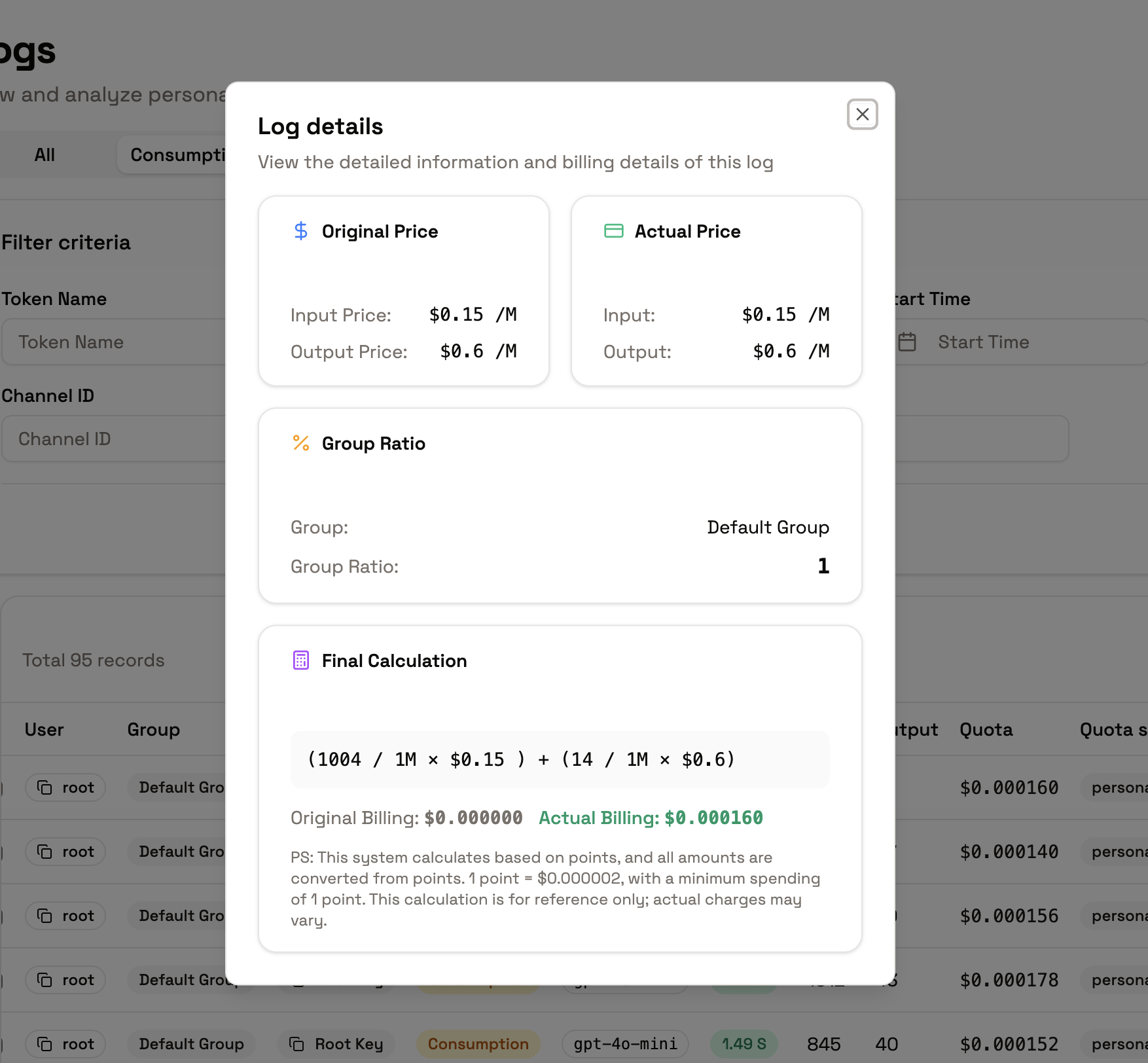 Pricing and billing details in call log details