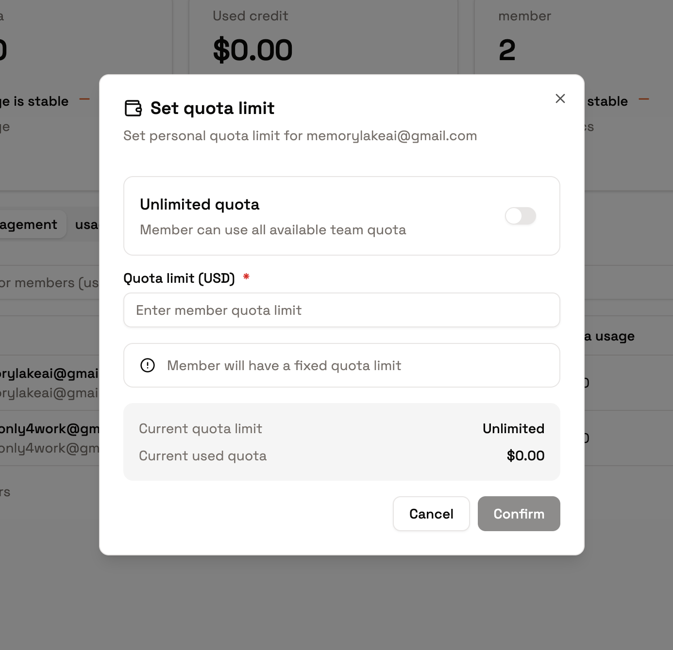 Member quota editing and saving