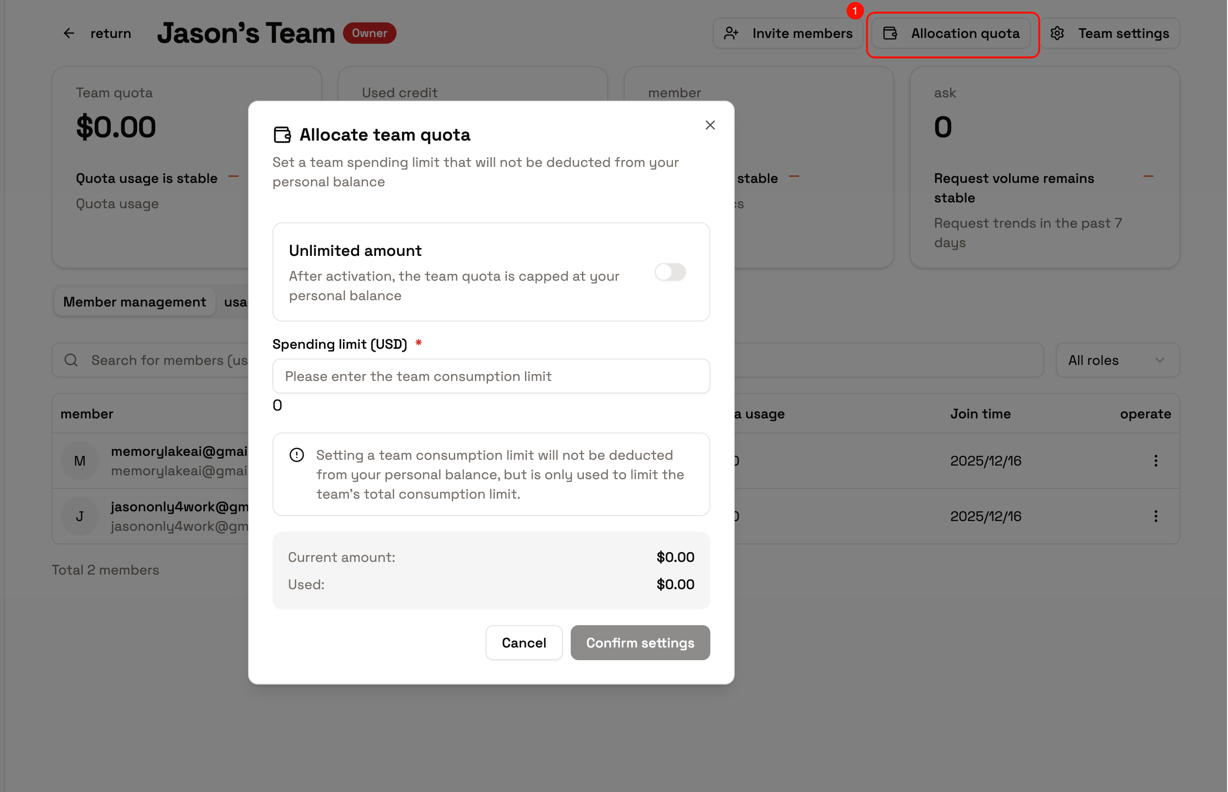 Team quotas and member quota allocation