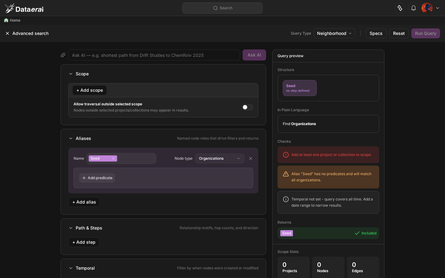 DataErai Advanced Search page showing the Ask AI input bar above the structured form