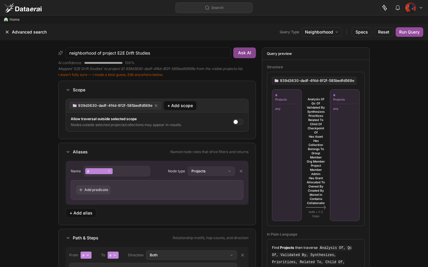 DataErai Advanced Search form populated with a planner-generated graph traversal Spec