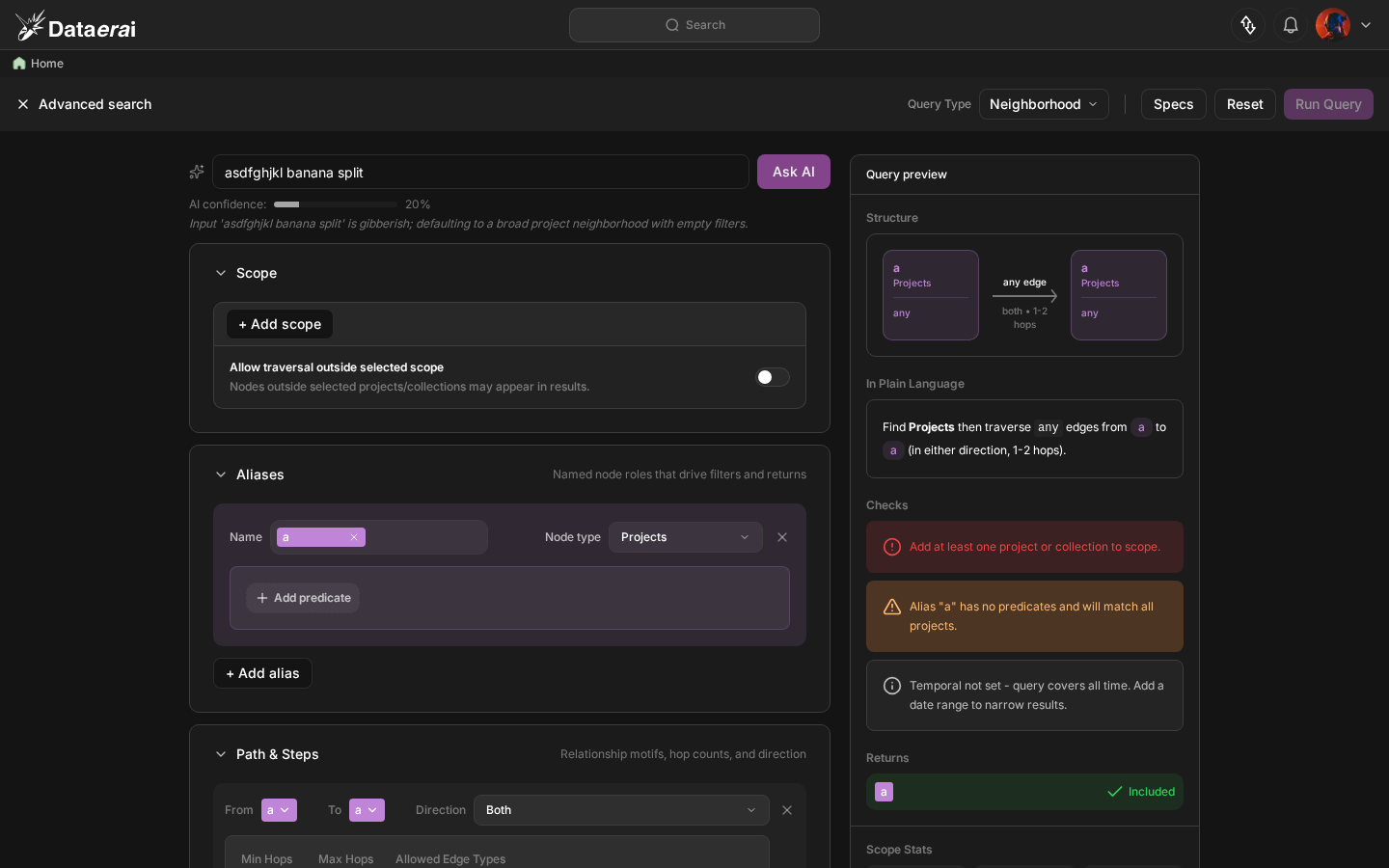 The Advanced Search form populated even after a deliberately garbled NL input