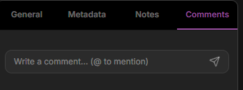 Dataerai asset Comments tab with a comment composer that supports @ mentions