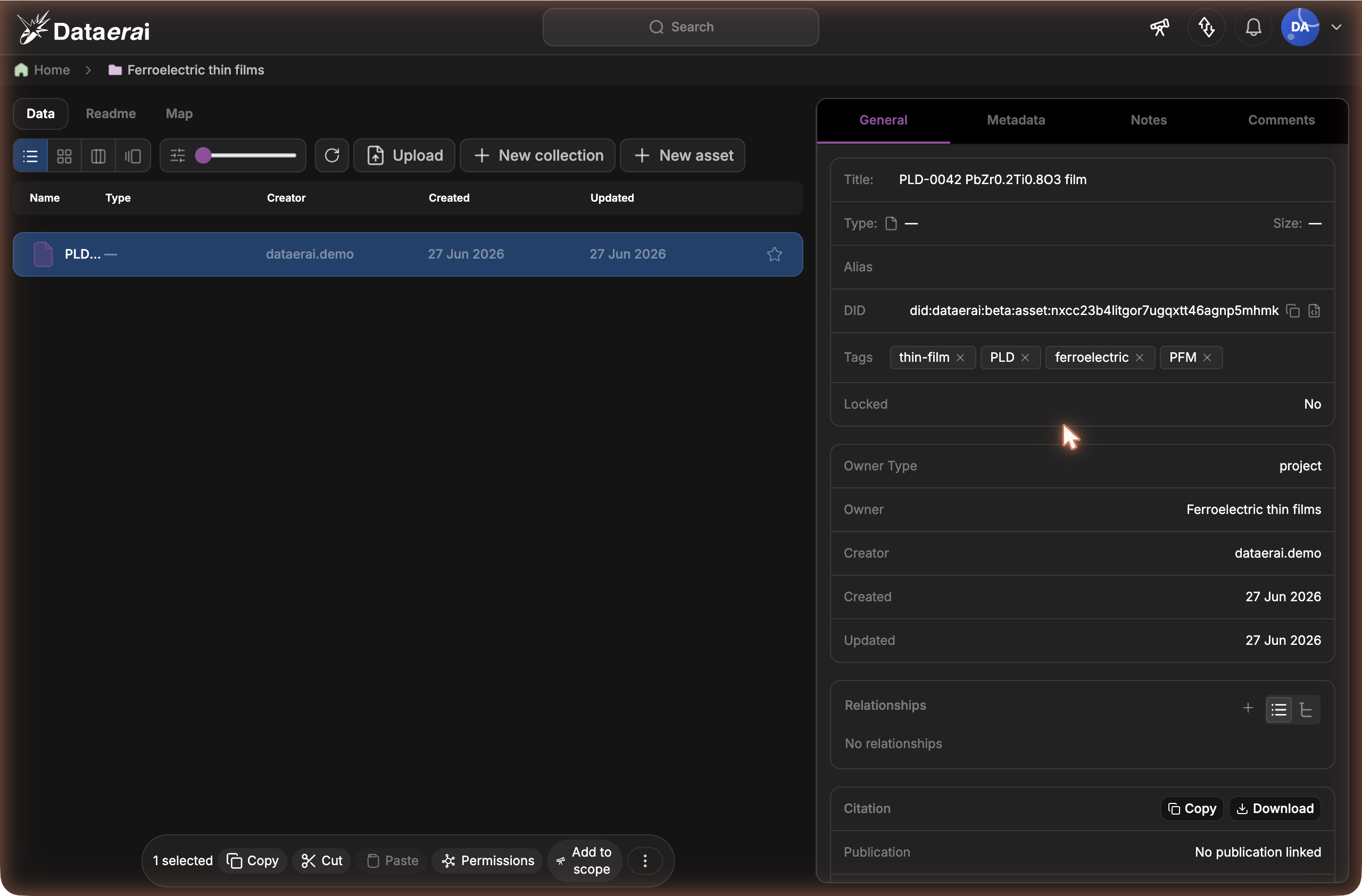 An asset's General tab showing its DID