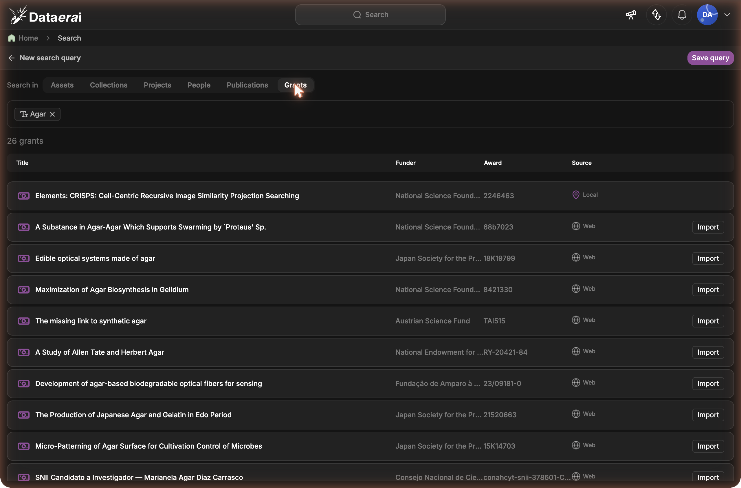 Grants search results