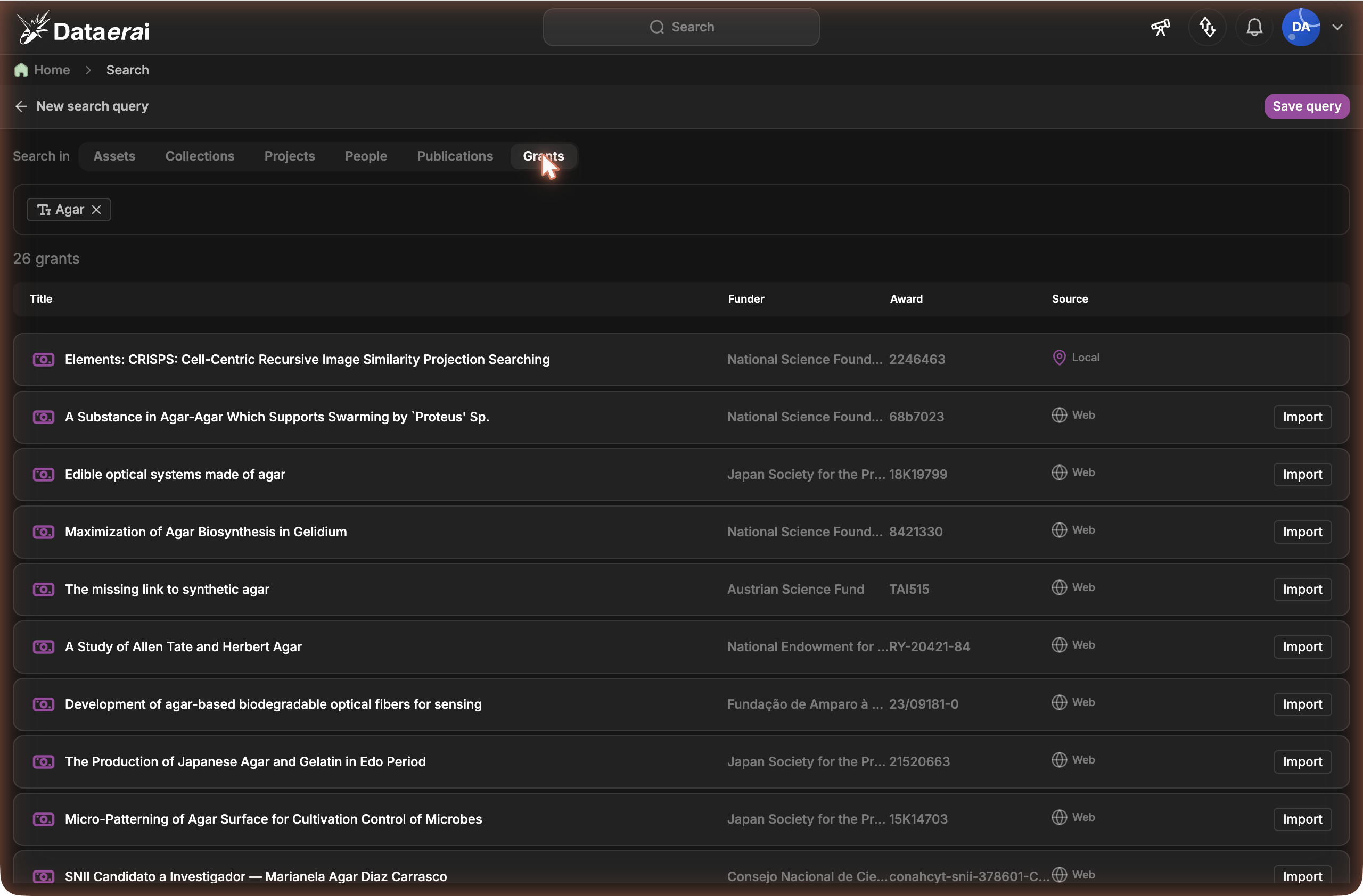 Grants search results