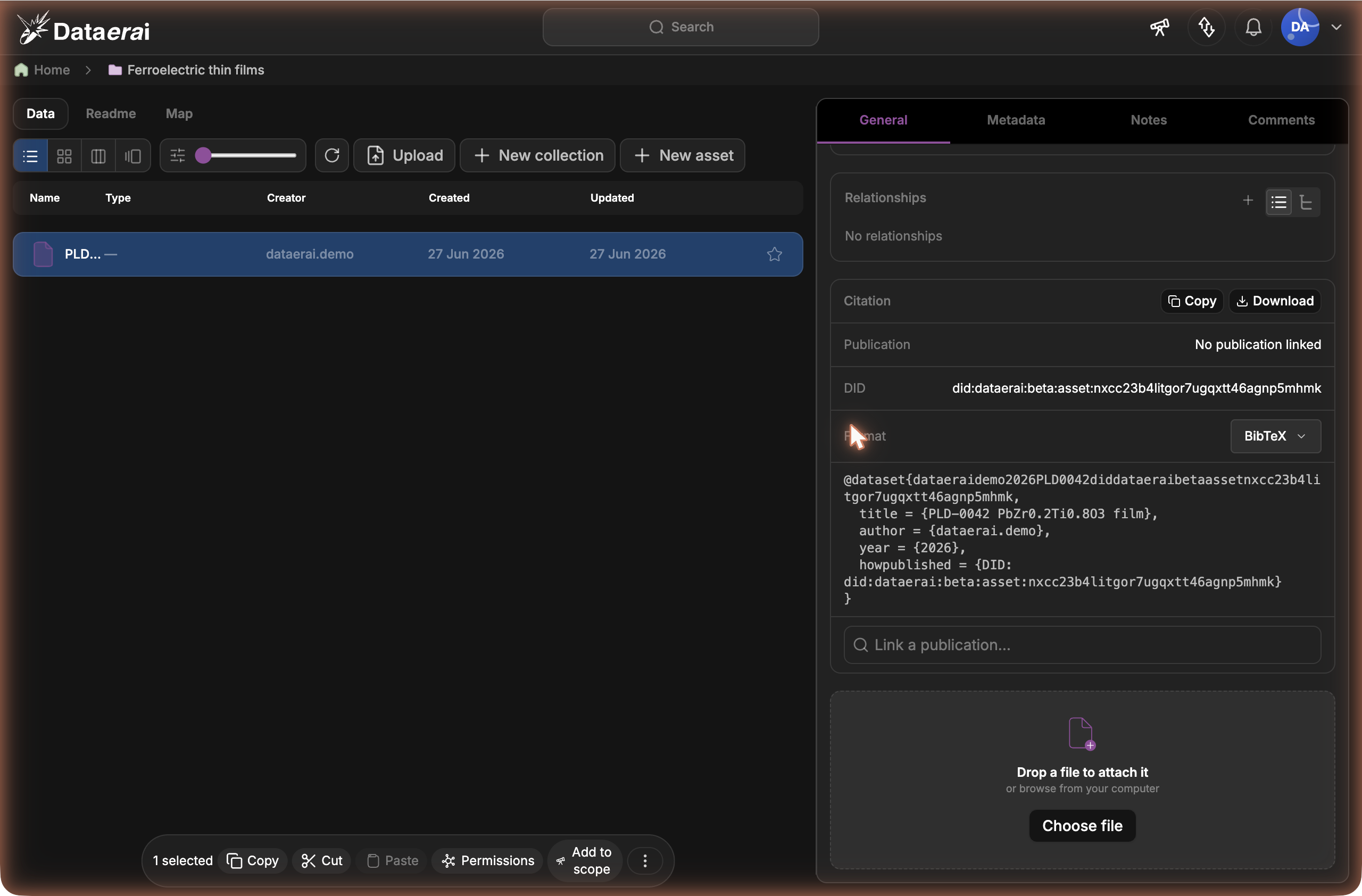 The Citation panel on an asset
