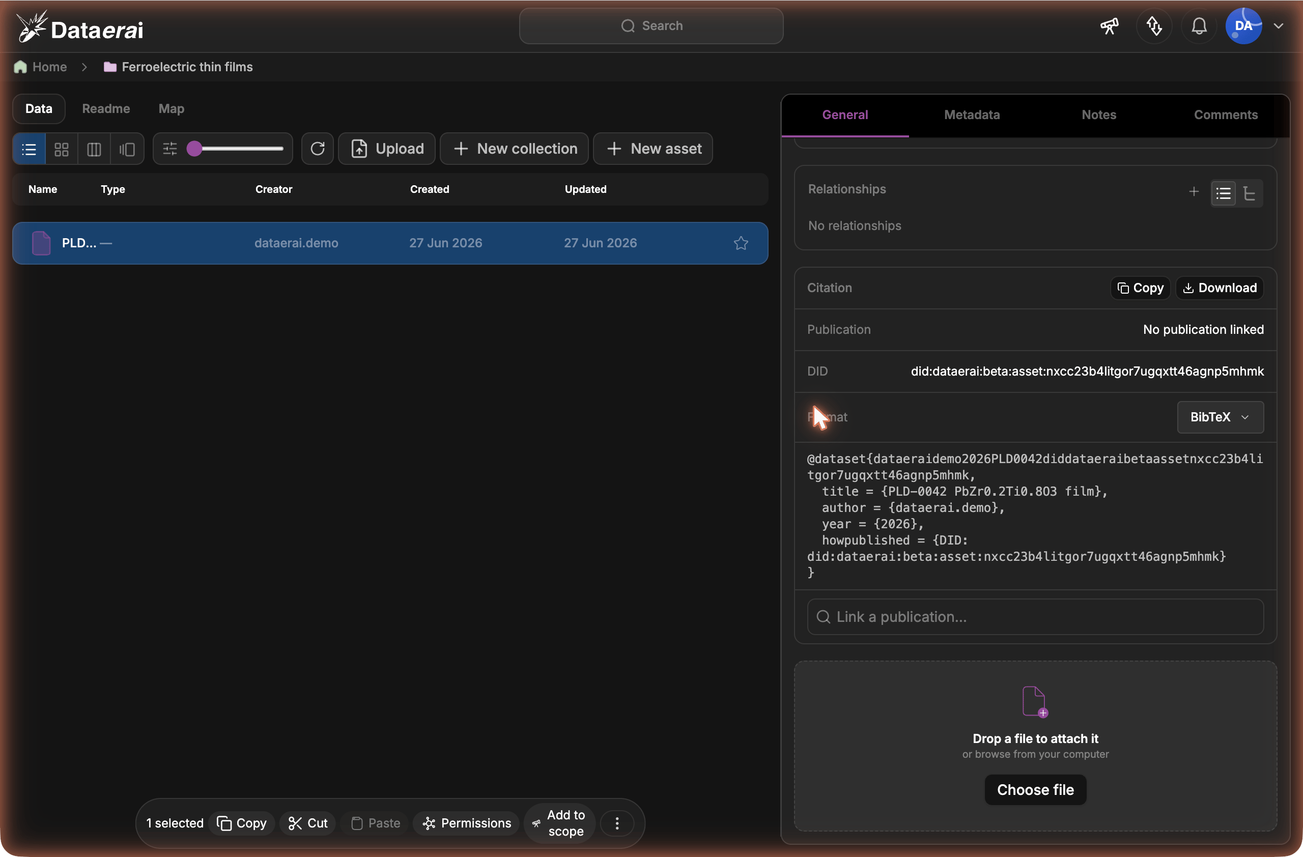 The Citation panel on an asset