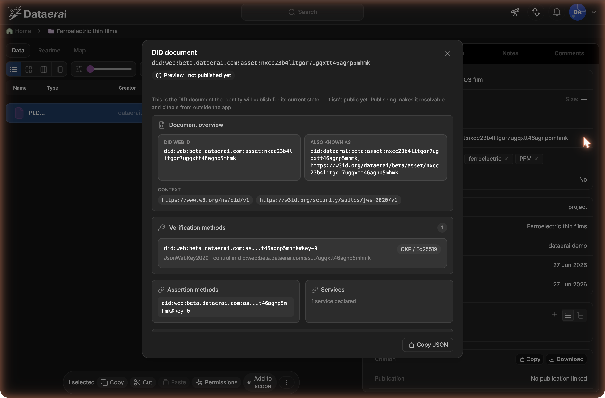 The DID document modal in preview