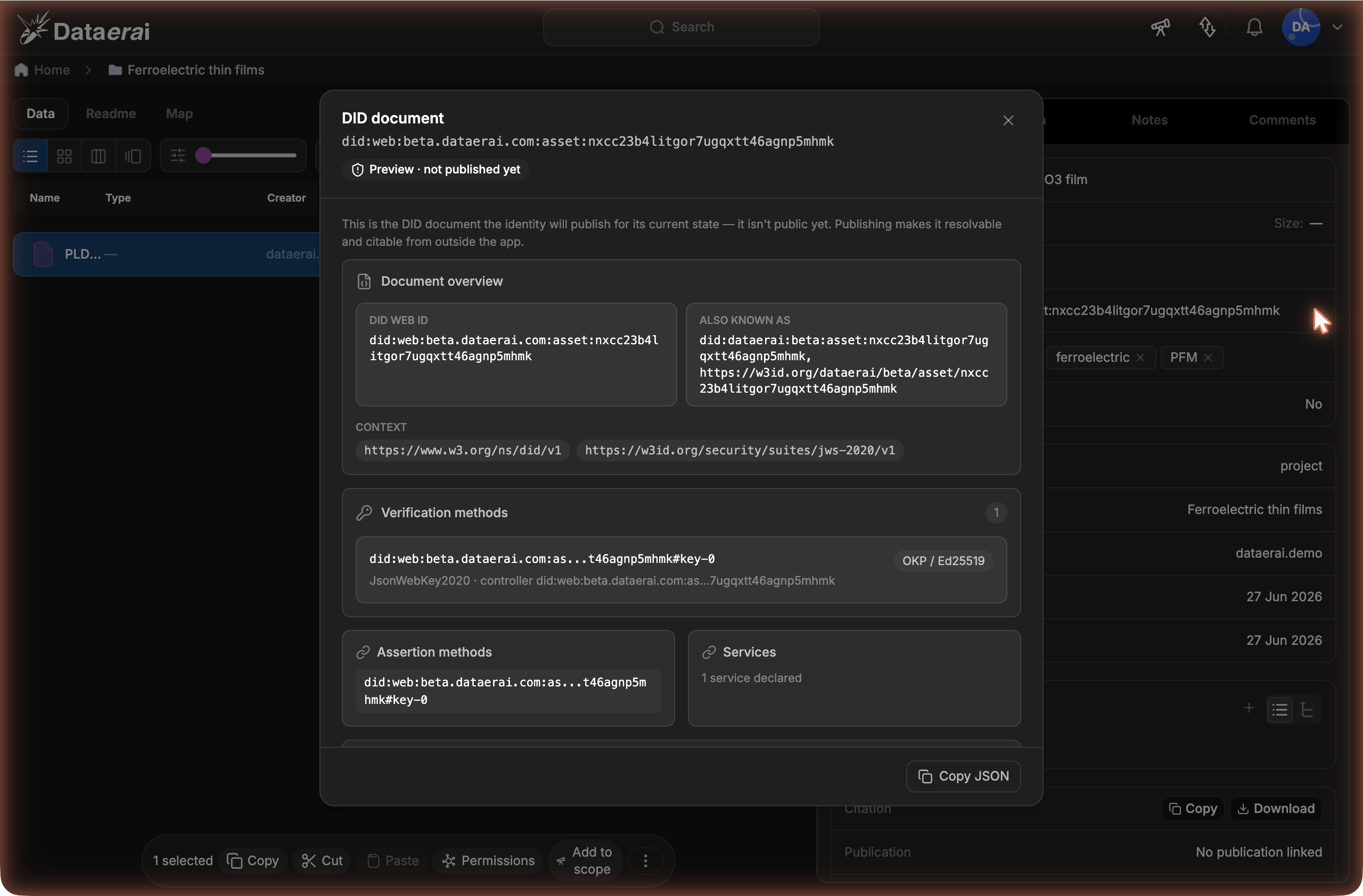 The DID document modal in preview