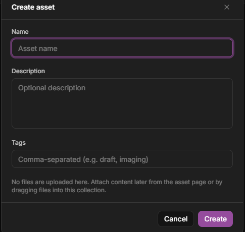 Dataerai Create asset dialog for a metadata-first asset