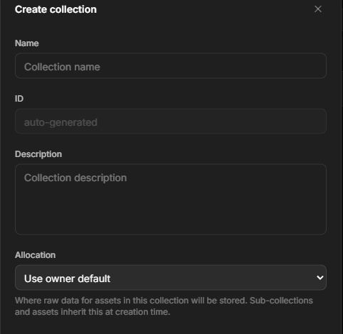 Dataerai Create collection dialog